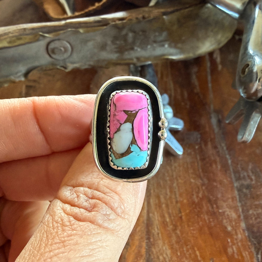 Authentic Native American Handmade Sterling Silver and Cotton Candy Ring size 8 1/2