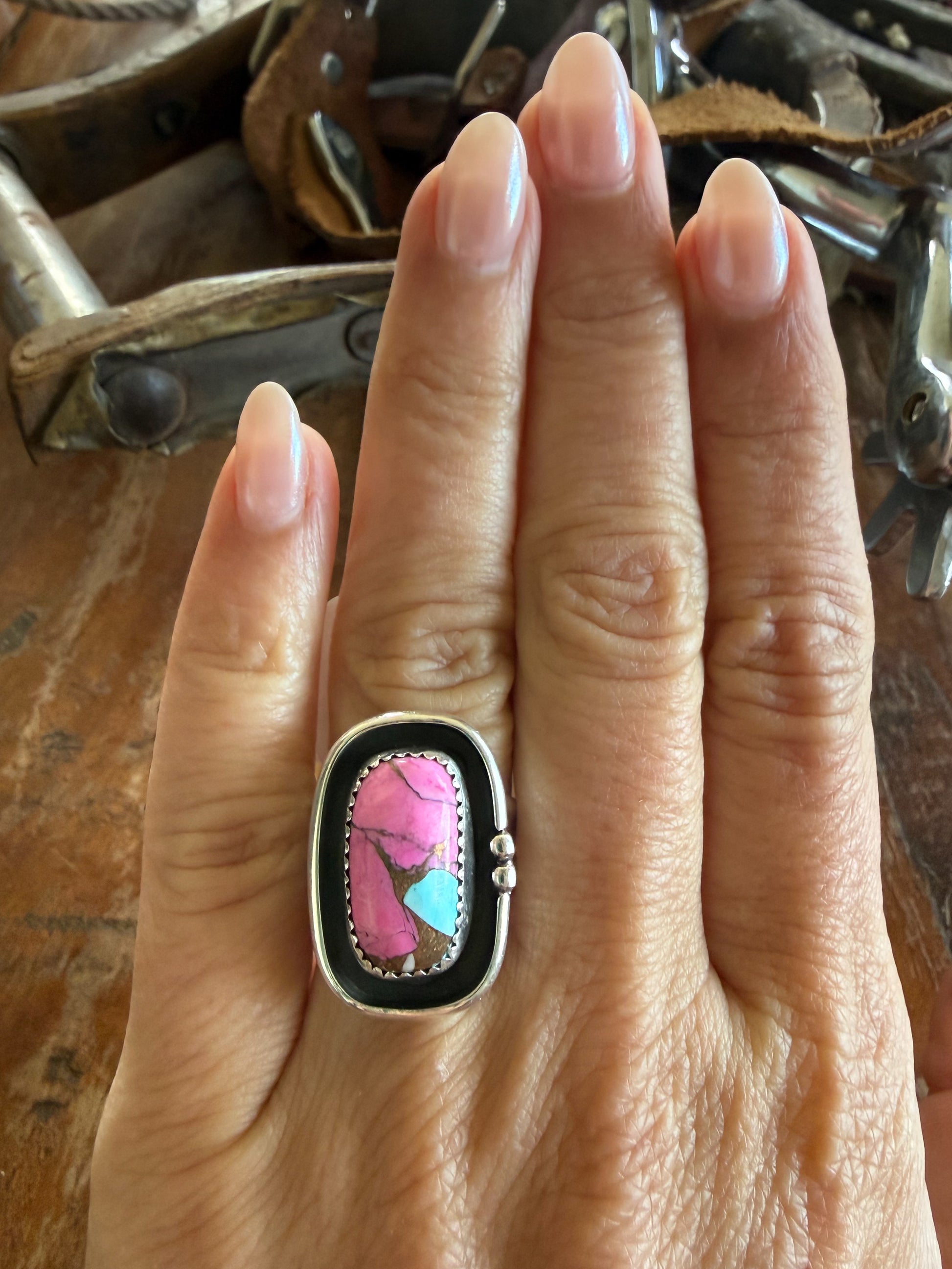 Authentic Native American Handmade Sterling Silver and Cotton Candy Ring size 8 1/4