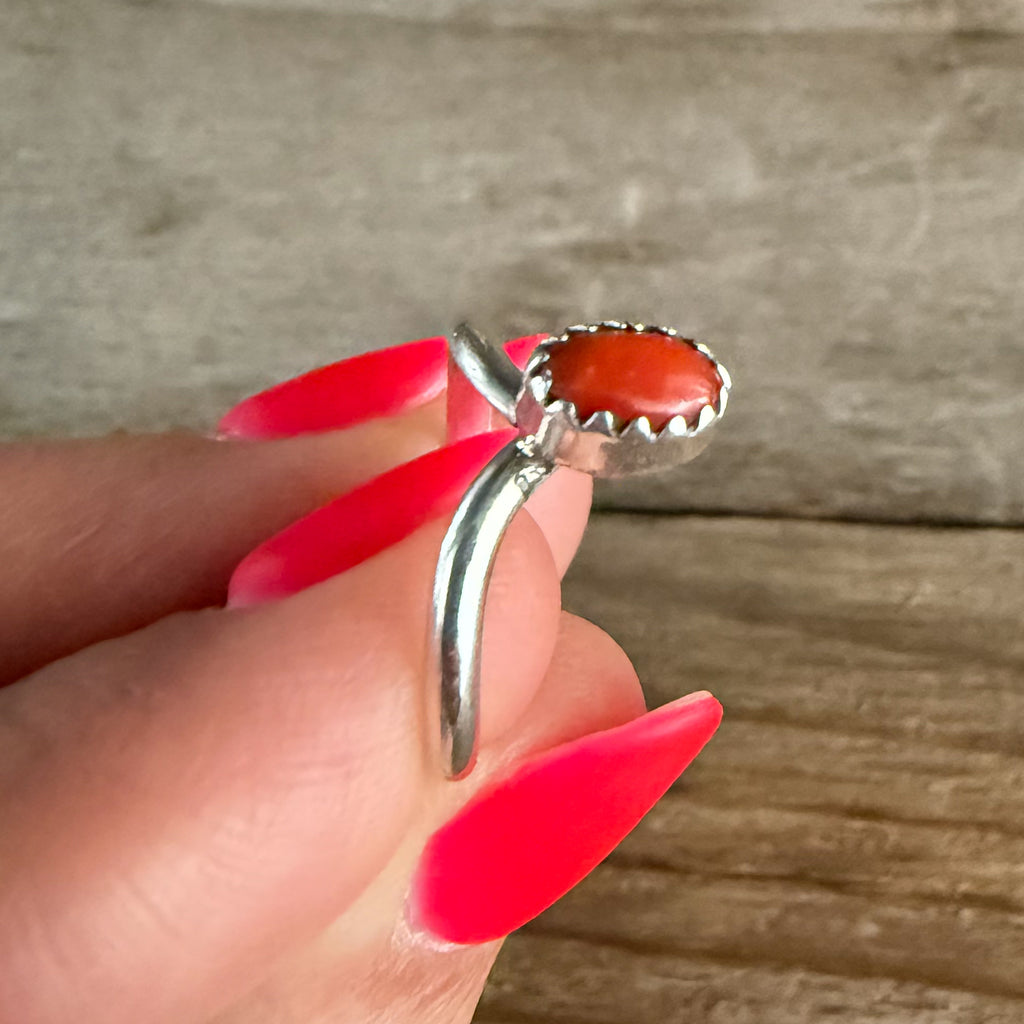 Authentic Native American Handmade Sterling Silver and Coral Ring sizes, 5, 6 1/4, and 8 1/4.