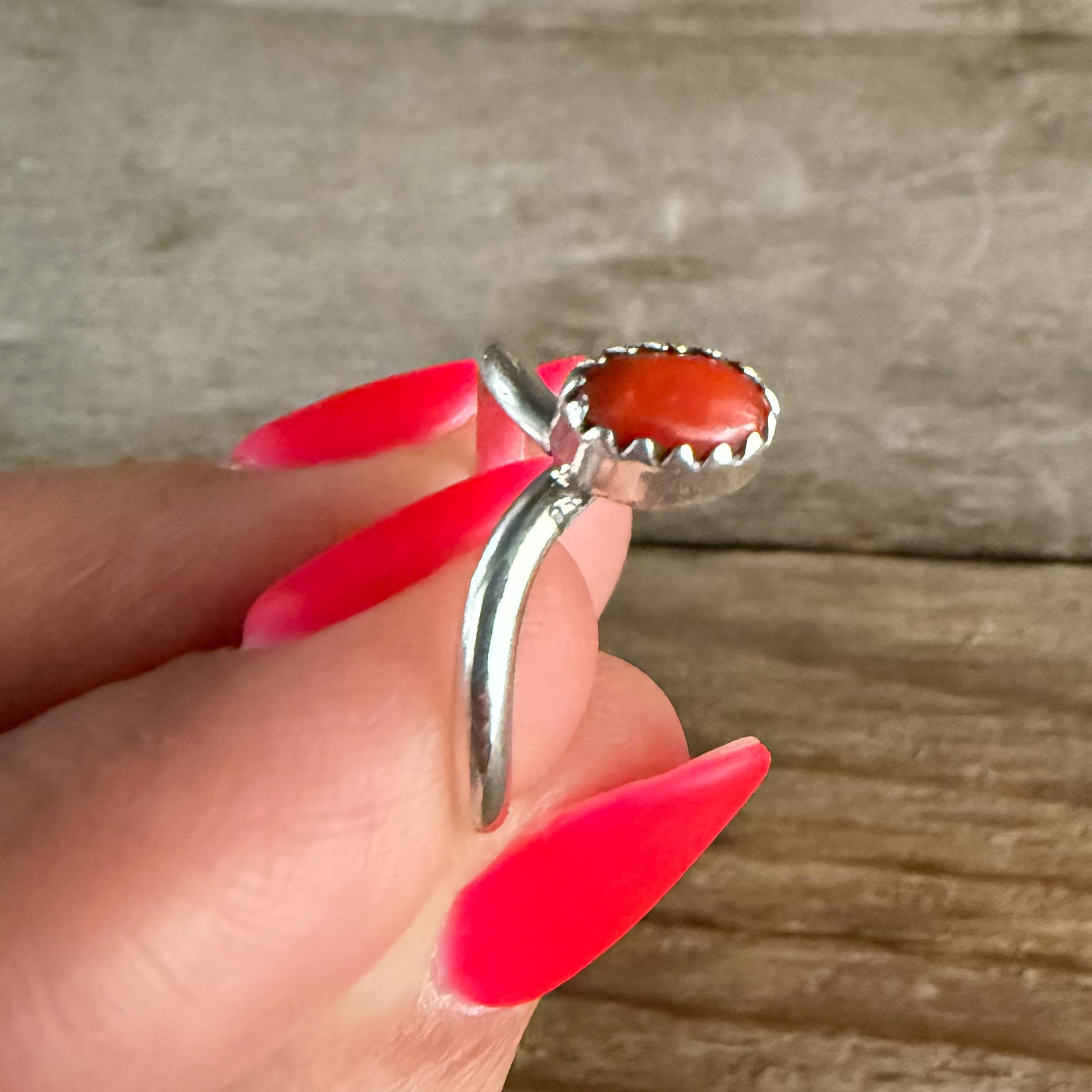Authentic Native American Handmade Sterling Silver and Coral Ring sizes, 5, 6 1/4, and 8 1/4.