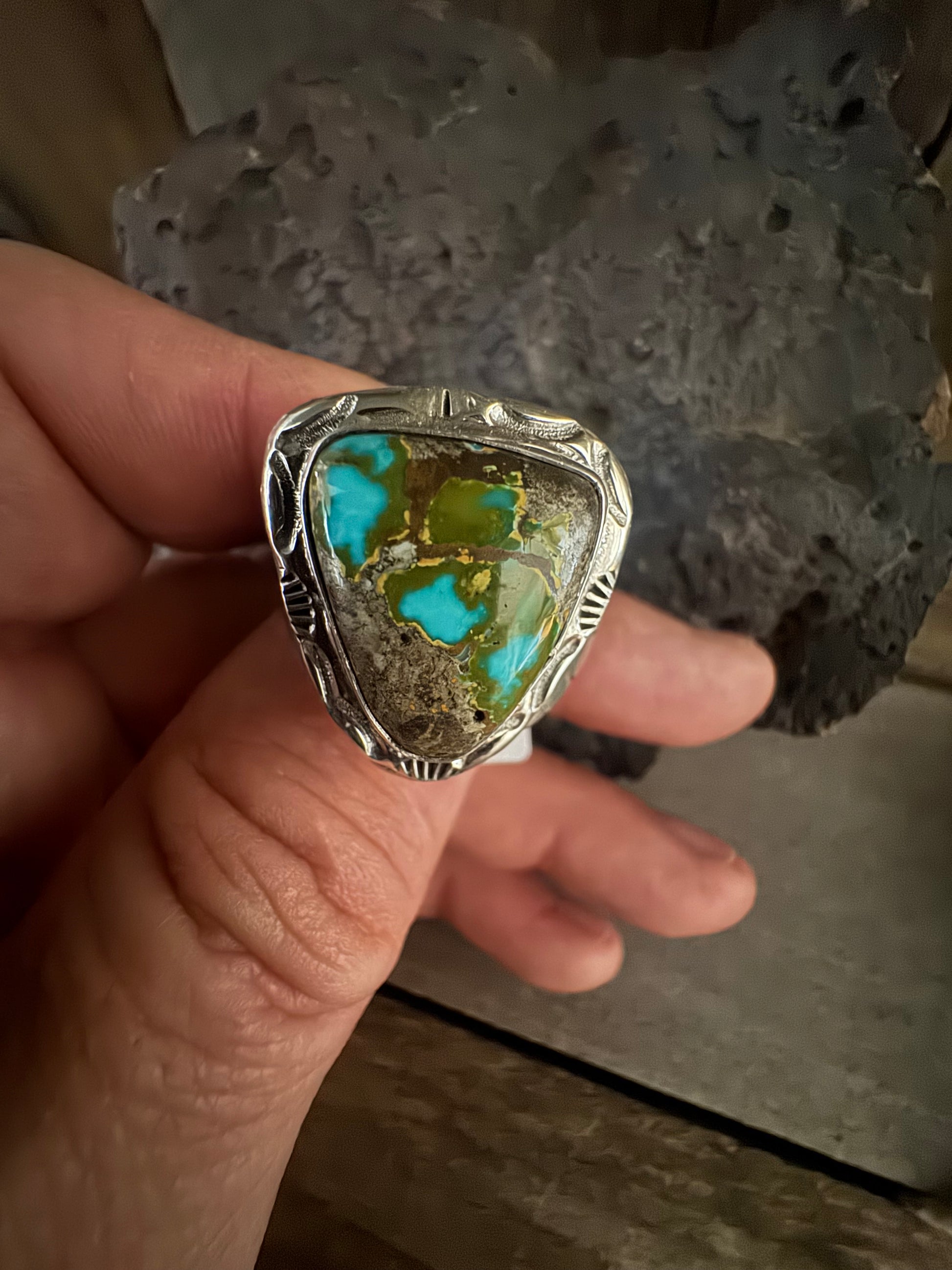 Handmade Sterling Silver Thunderbird, Turquoise Ring Size 13.5