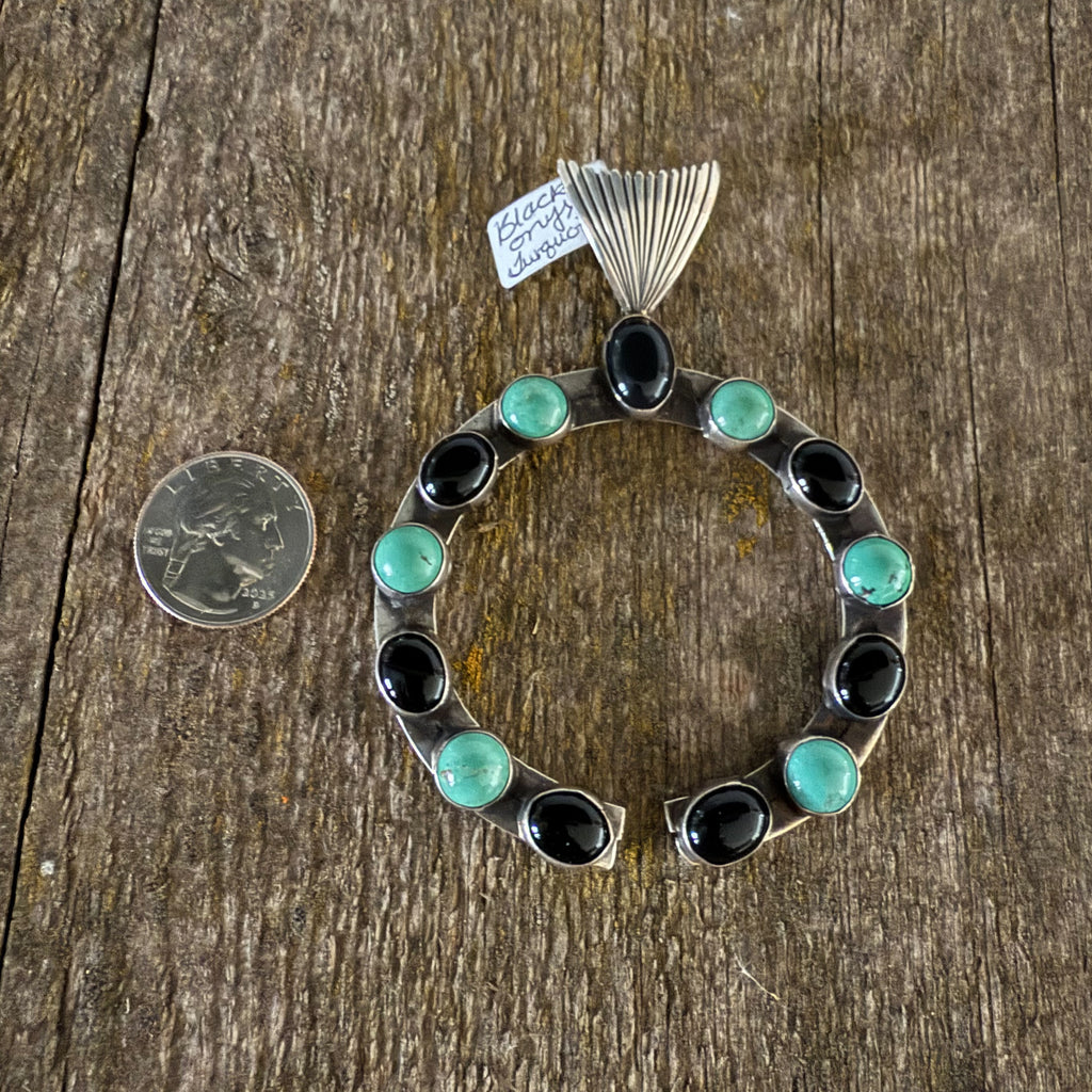 Authentic Native American Handmade Sterling Silver, Turquoise, and Black Onyx Nadja Pendant.