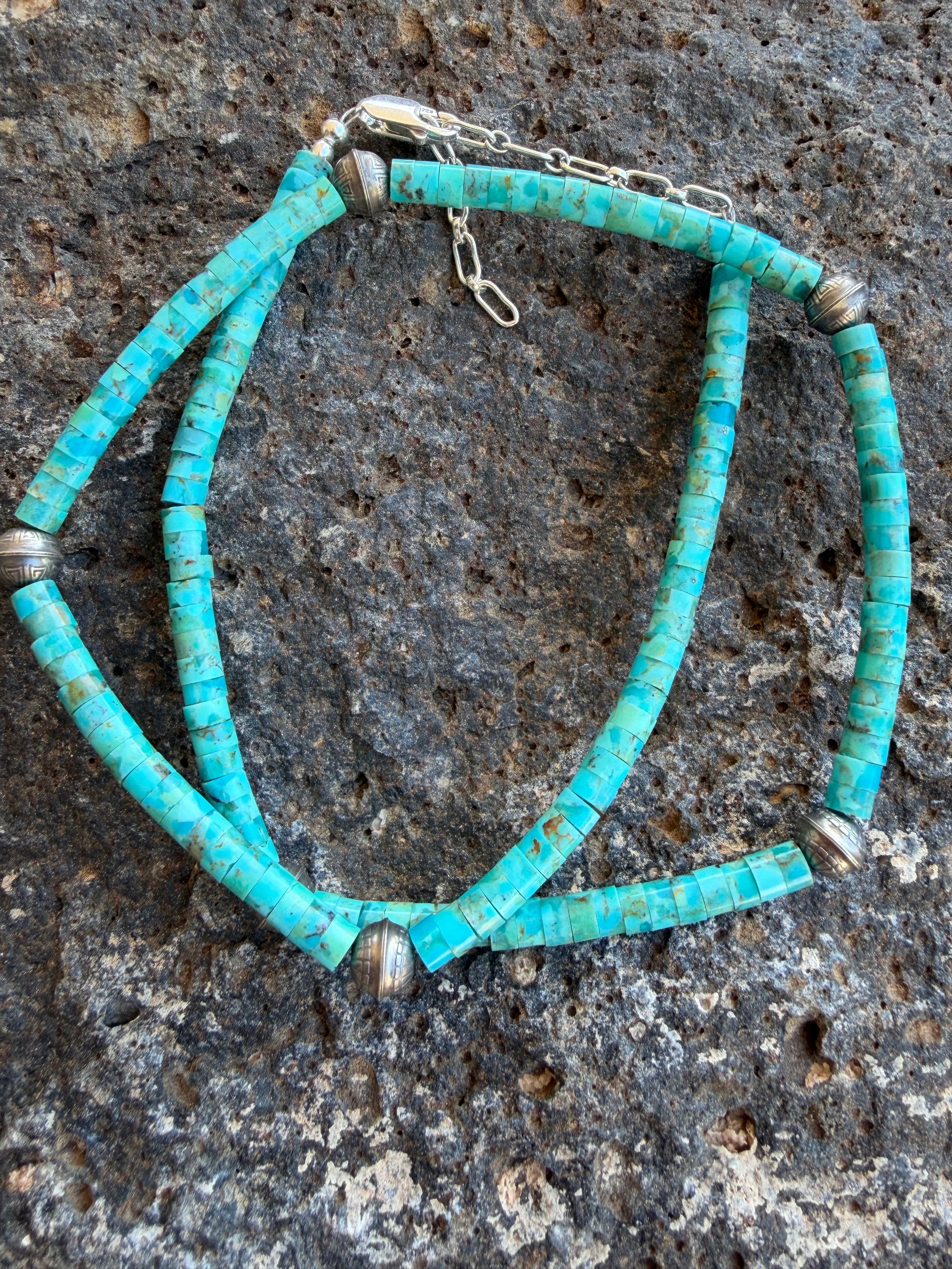 Native American Marquez Tachiini Handmade Turquoise Necklace with Sterling Navajo Beads 14-16” Adjustable Sterling Silver Clasp
