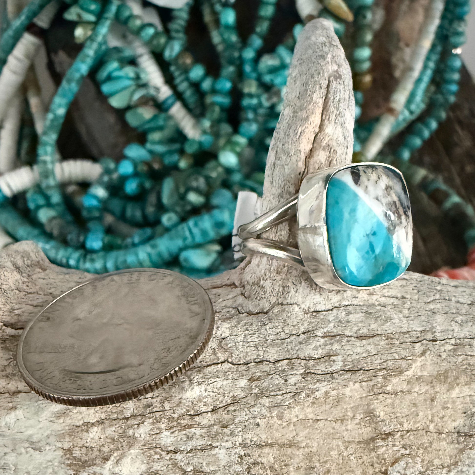 Authentic Native American Handmade Sterling Silver, Turquoise and White Buffalo Ring size 4 3/4.