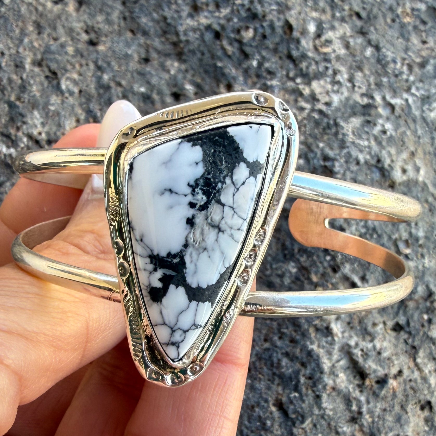 Authentic Native American Handmade Sterling Silver and White Buffalo Cuff Bracelet