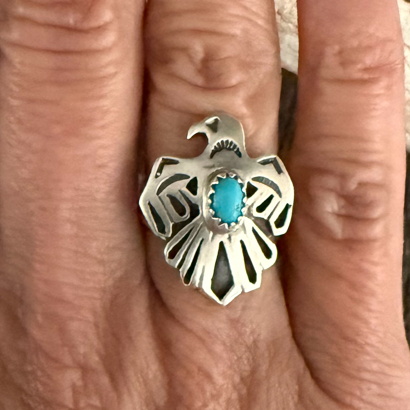Authentic Native American Handmade Sterling Silver and Turquoise Thunderbird Ring size    5 1/2.
