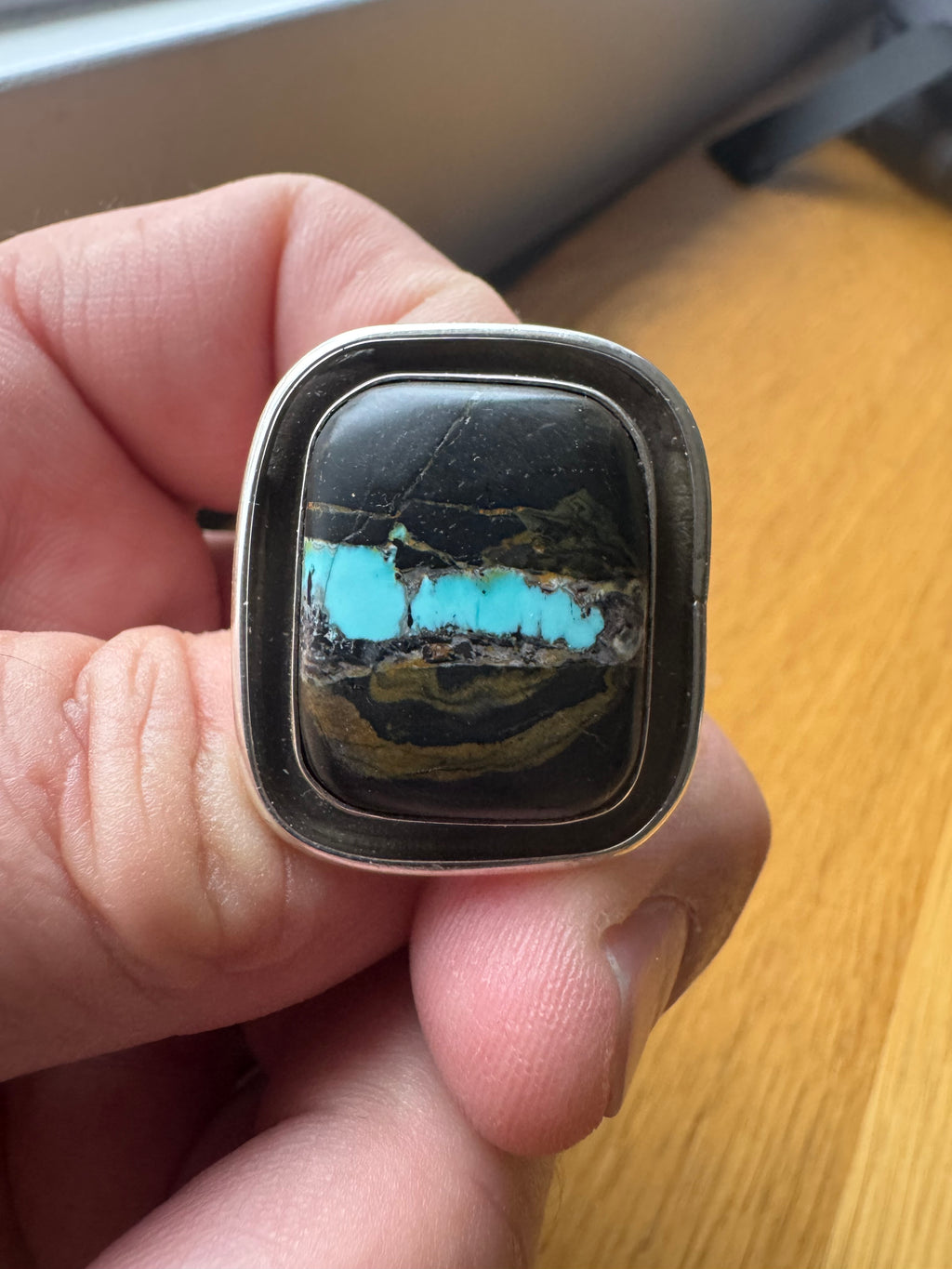 Handmade Blacjack Turquoise-Sterling Silver Ring Size 13