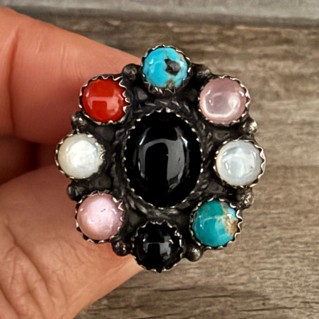 Authentic Native American Handmade Sterling Silver, Black Onyx, Turquoise, Moonstone, Coral, and Pink Moonstone Adjustable Ring.