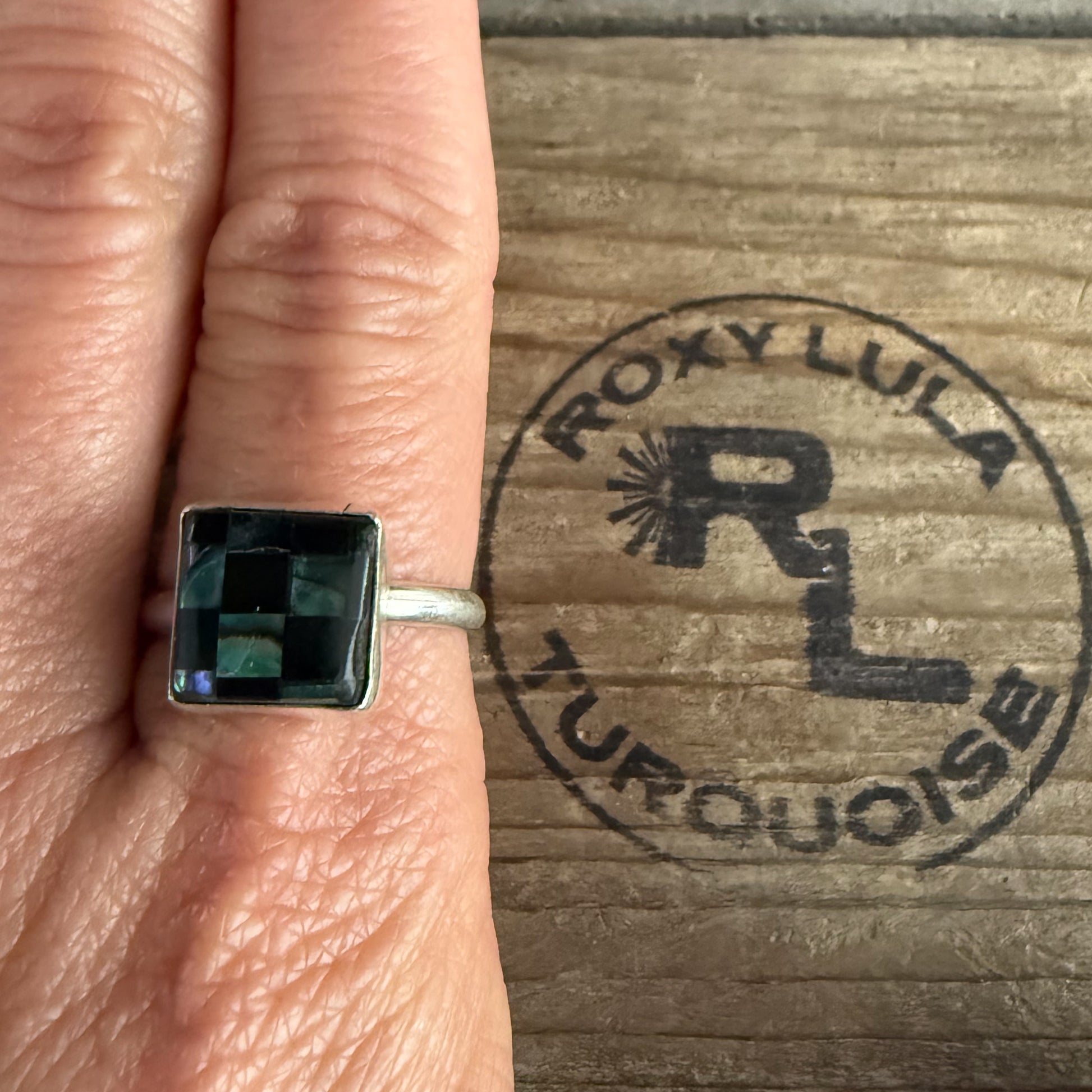 Authentic Native American Handmade Sterling Silver, Black Onyx, and Abalone shell Checkered Ring size 9 3/4