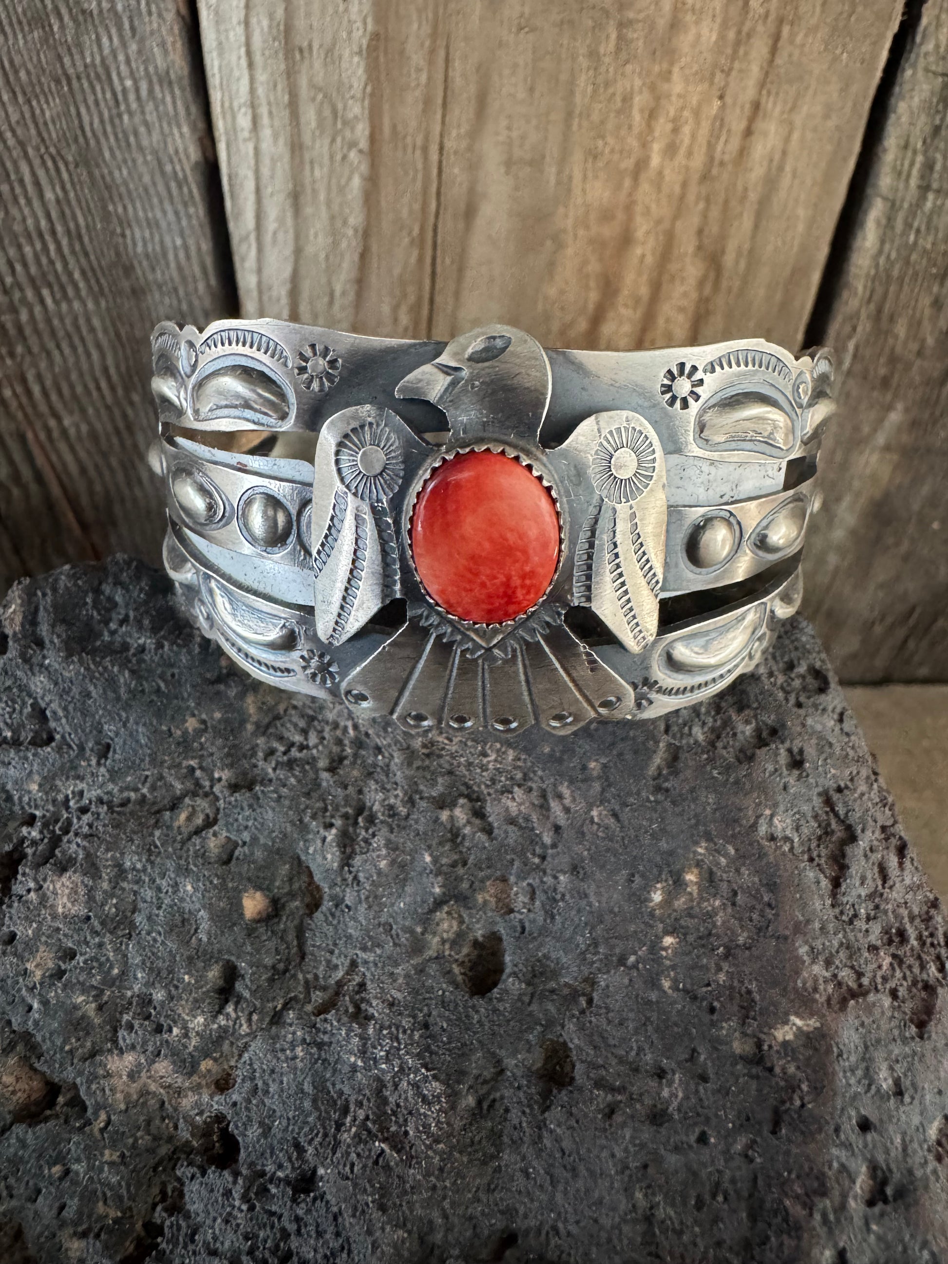 Native Handmade Sterling Silver Thunderbird Spiny Oyster Cuff-Bracelet