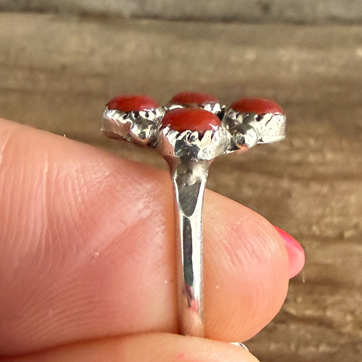 Authentic Native American Handmade Sterling Silver and Coral Floral Ring size 4 1/2.