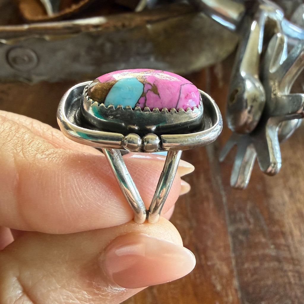 Authentic Native American Handmade Sterling Silver and Cotton Candy Ring size 8 1/4
