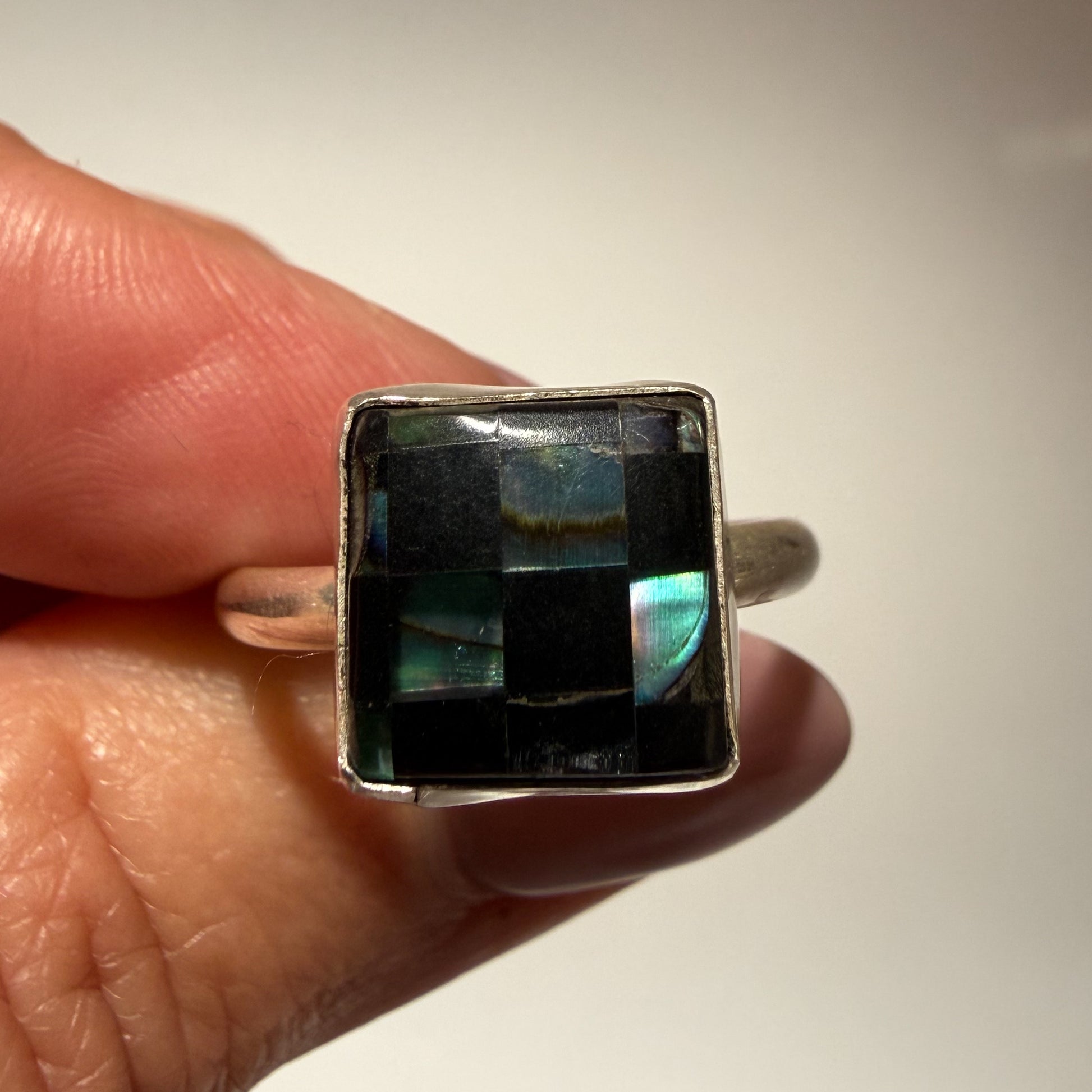 Authentic Native American Handmade Sterling Silver, Black Onyx, and Abalone shell Checkered Ring size 9 3/4