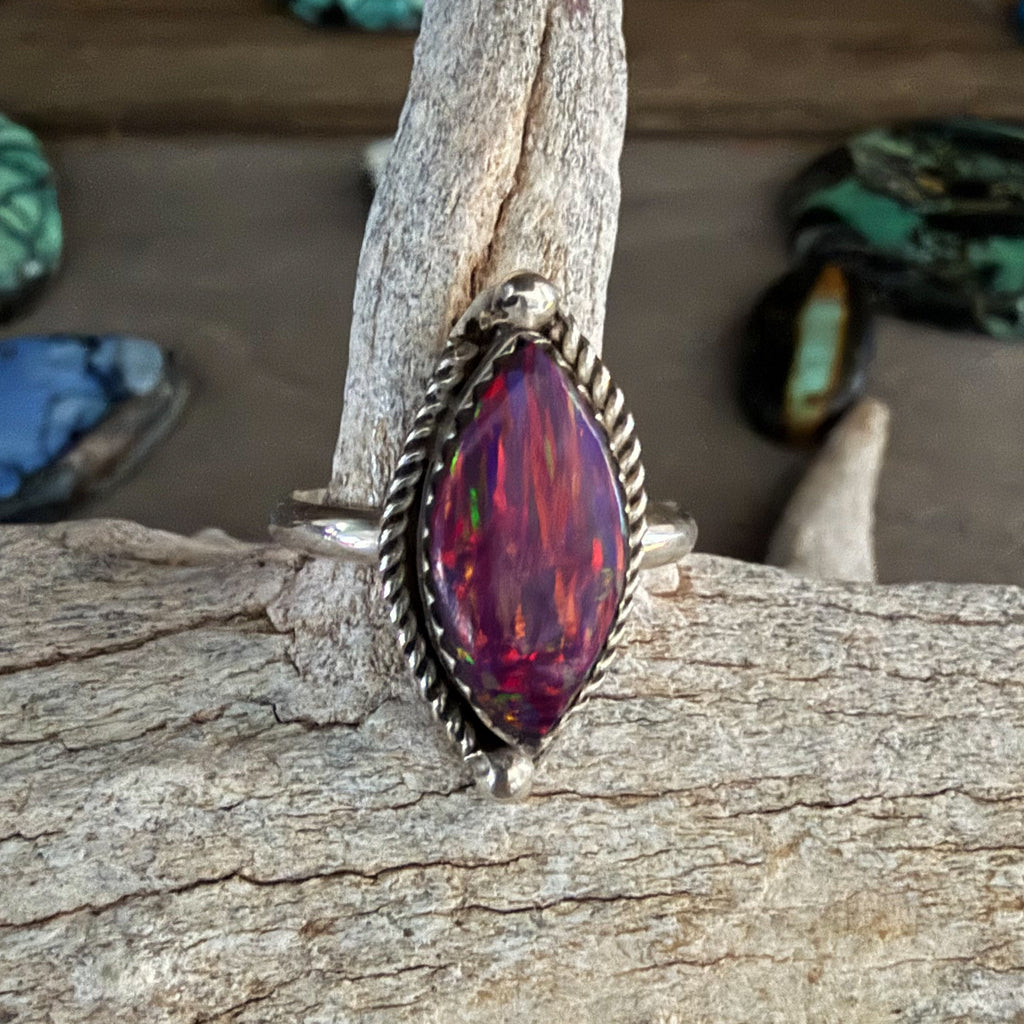 Native American Handmade Sterling Silver and Opal Ring       size 7 3/4.