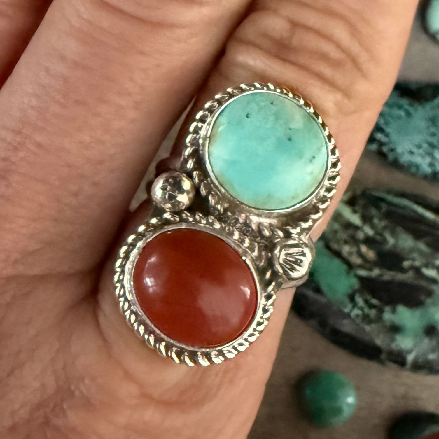Authentic Native American Handmade Sterling Silver Double Stack Red Jasper and Royston Turquoise Ring size 7 3/4.