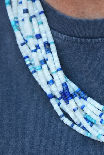 Authentic Native American Handmade Sterling Silver, Mother of Pearl,Lapis, and Kingman Turquoise ,Heishi Bead Necklace.
