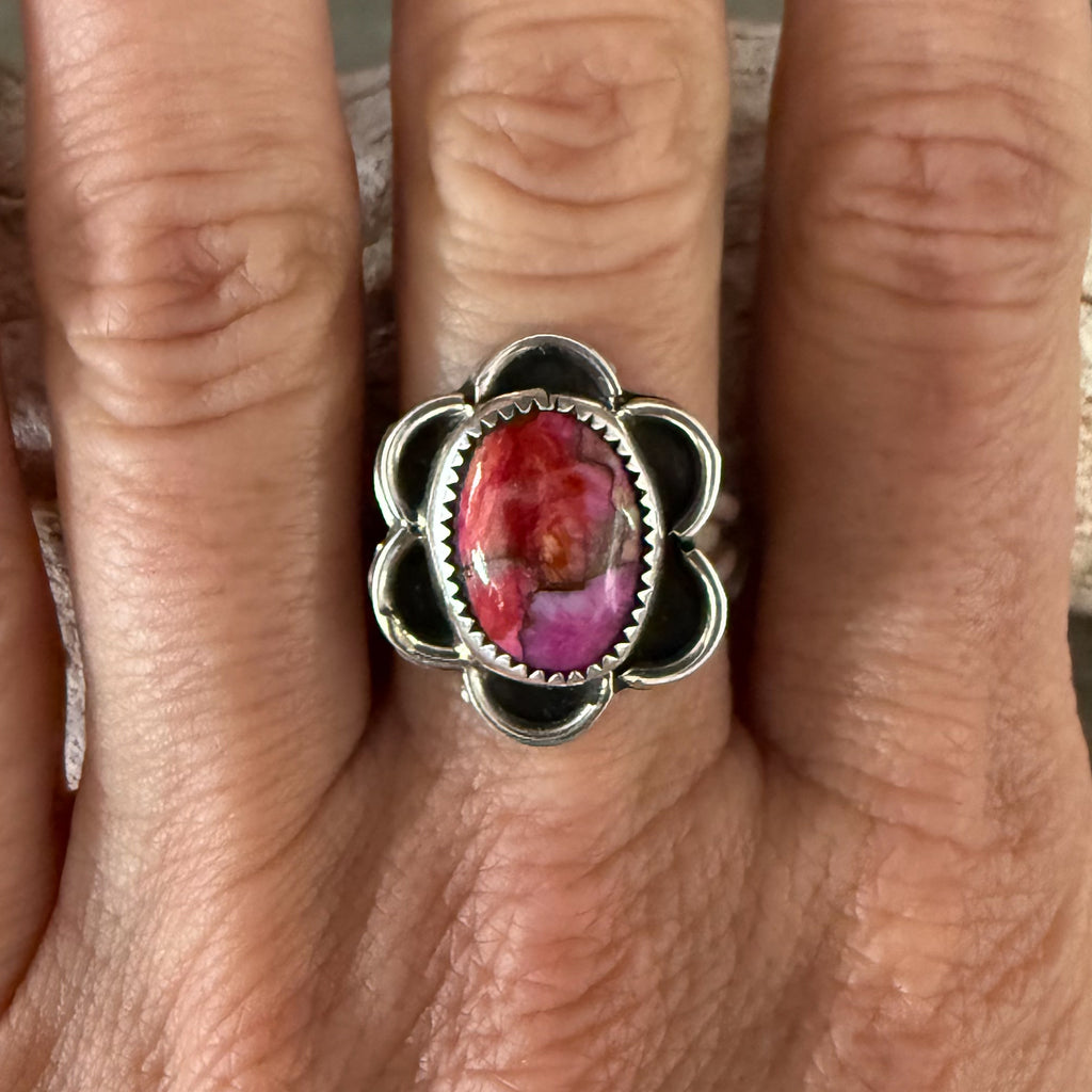 Native American Handmade Sterling Silver and Pink Dahlia Mojave Ring size 8 1/2.