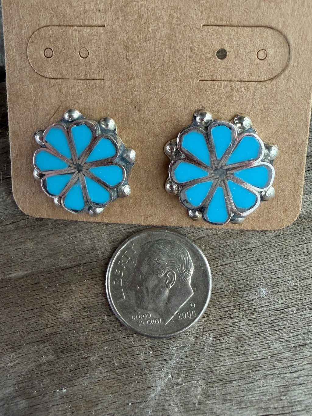 Native American Handmade Turquoise Cluster Sterling Silver Earrings