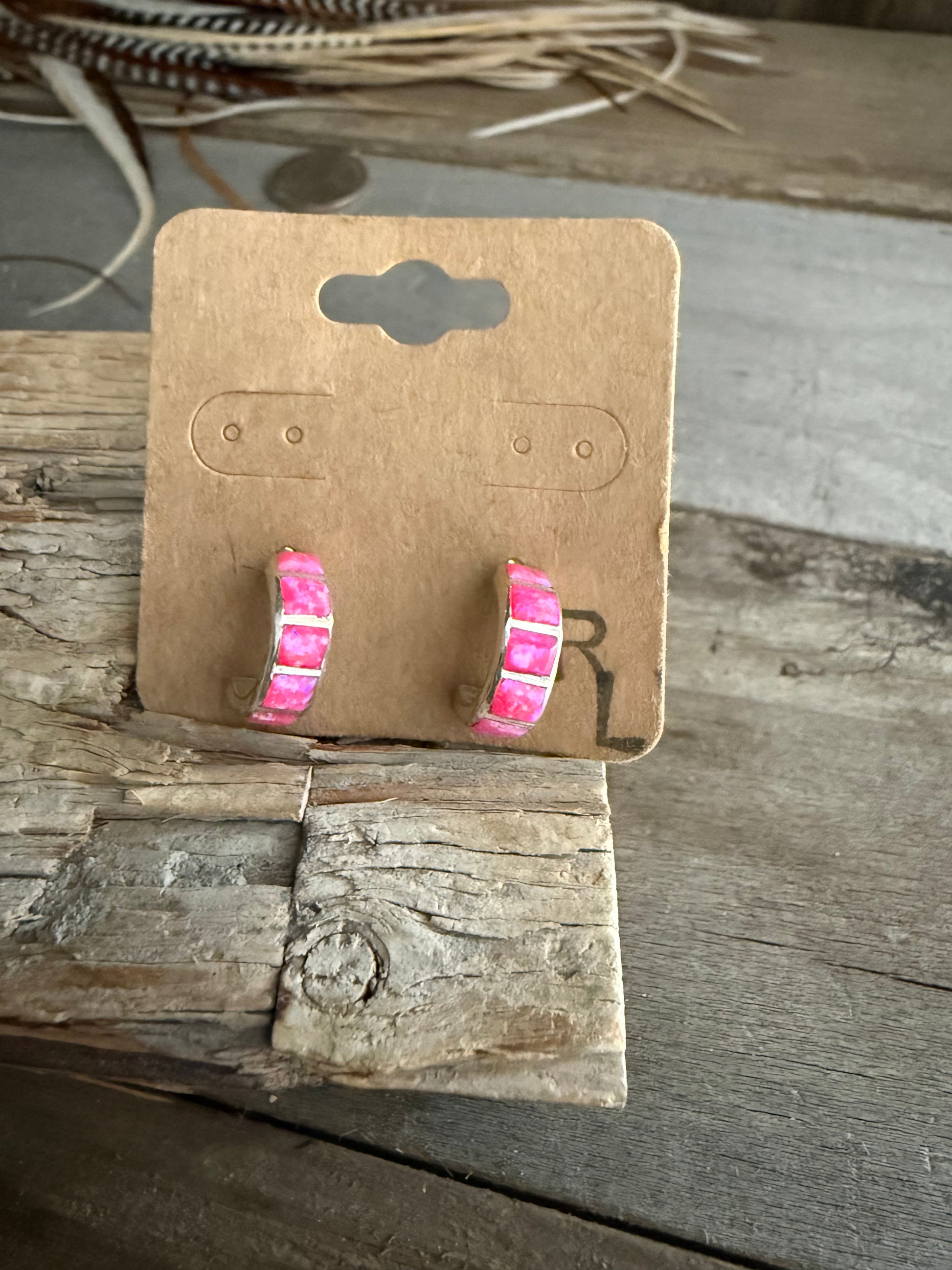 Authentic Native American Handmade Pink Opal and Sterling Silver Zuni Inlay Earrings