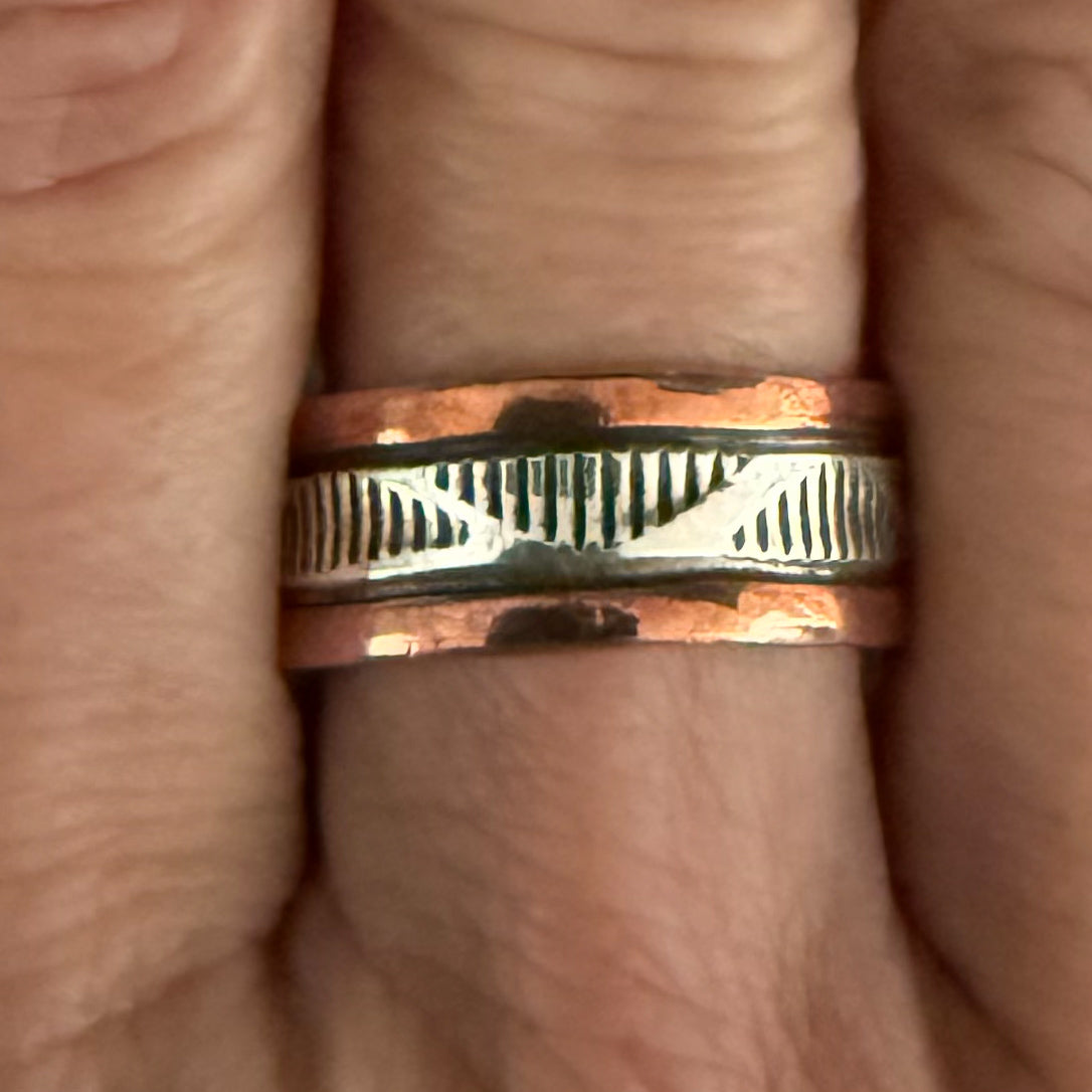 Authentic Native American Handmade Copper and Sterling Silver Stamped Ring size 9