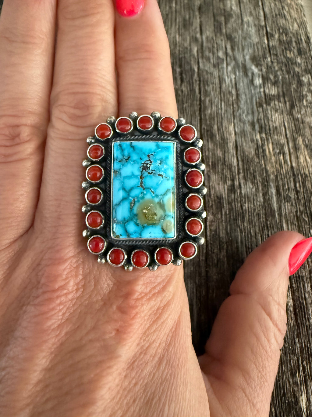 Leon Martinez Handmade Custom Silver Coral-Kingman Turquoise Adjustable Ring