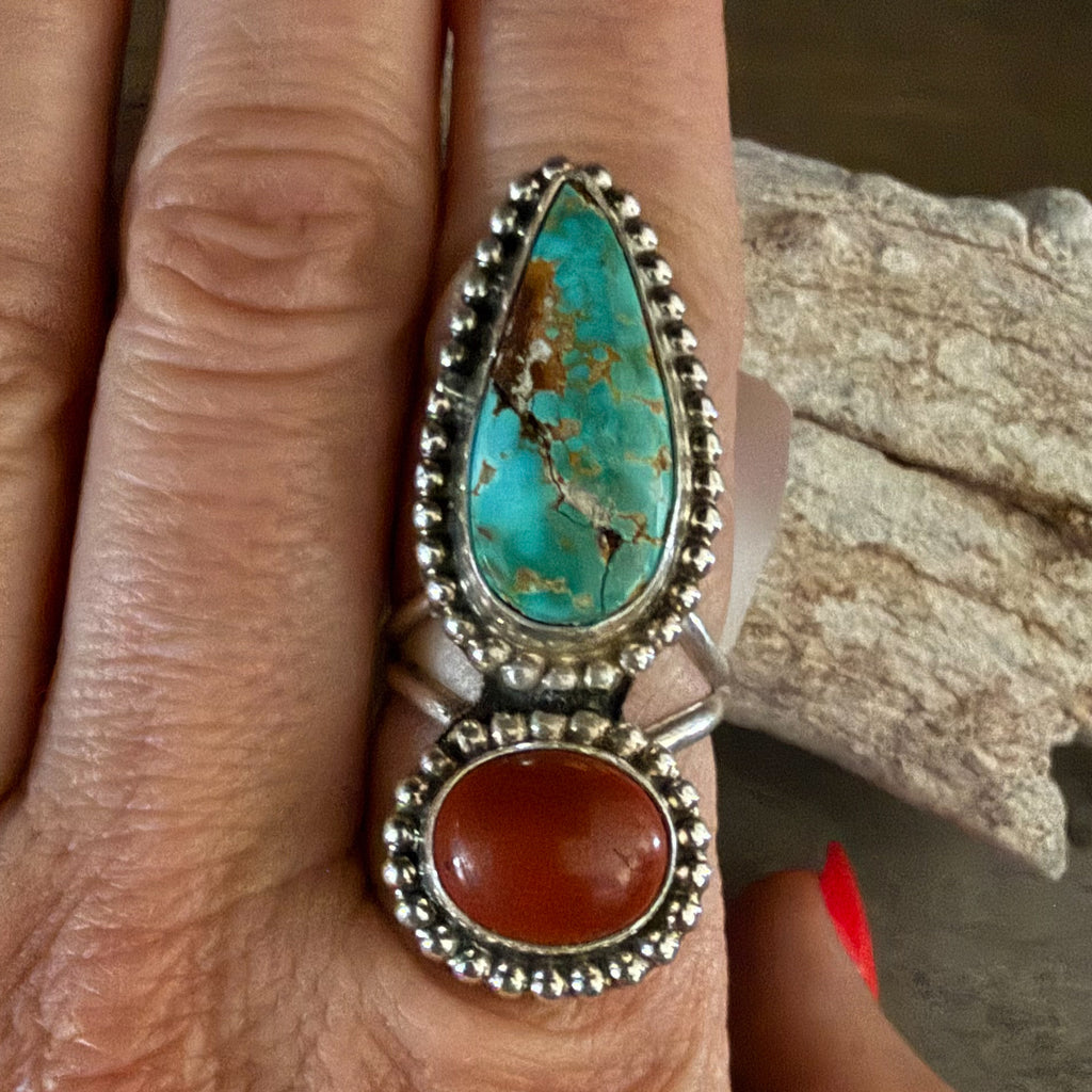 Authentic Native American Handmade Red Jasper and Turquoise Ring Size 7 1/2.