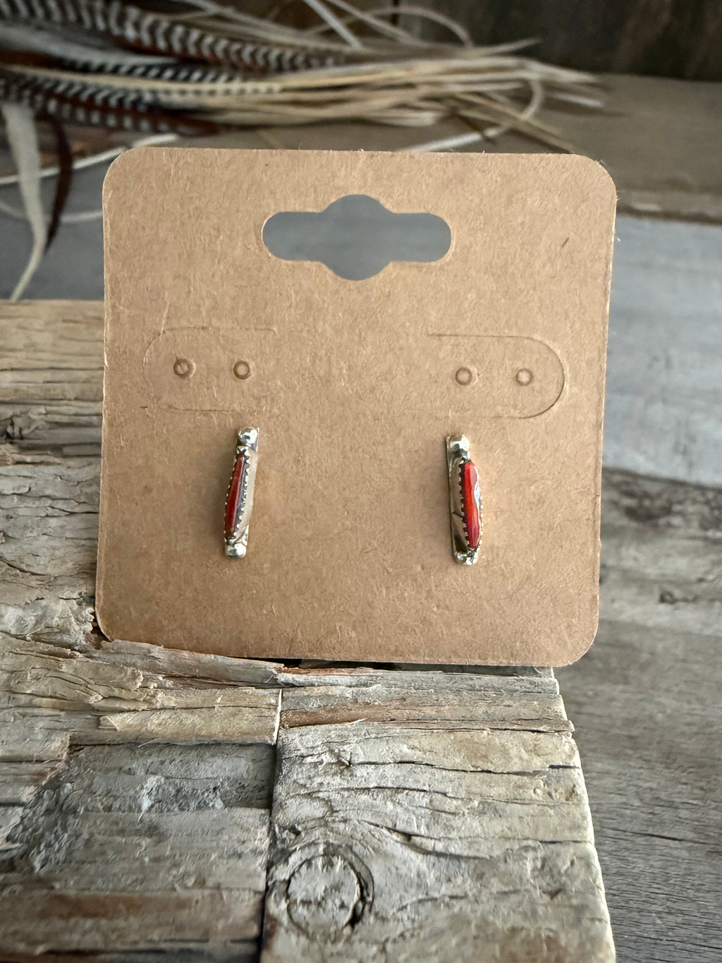 Authentic Native American Handmade Zuni Needlepoint Coral Earrings