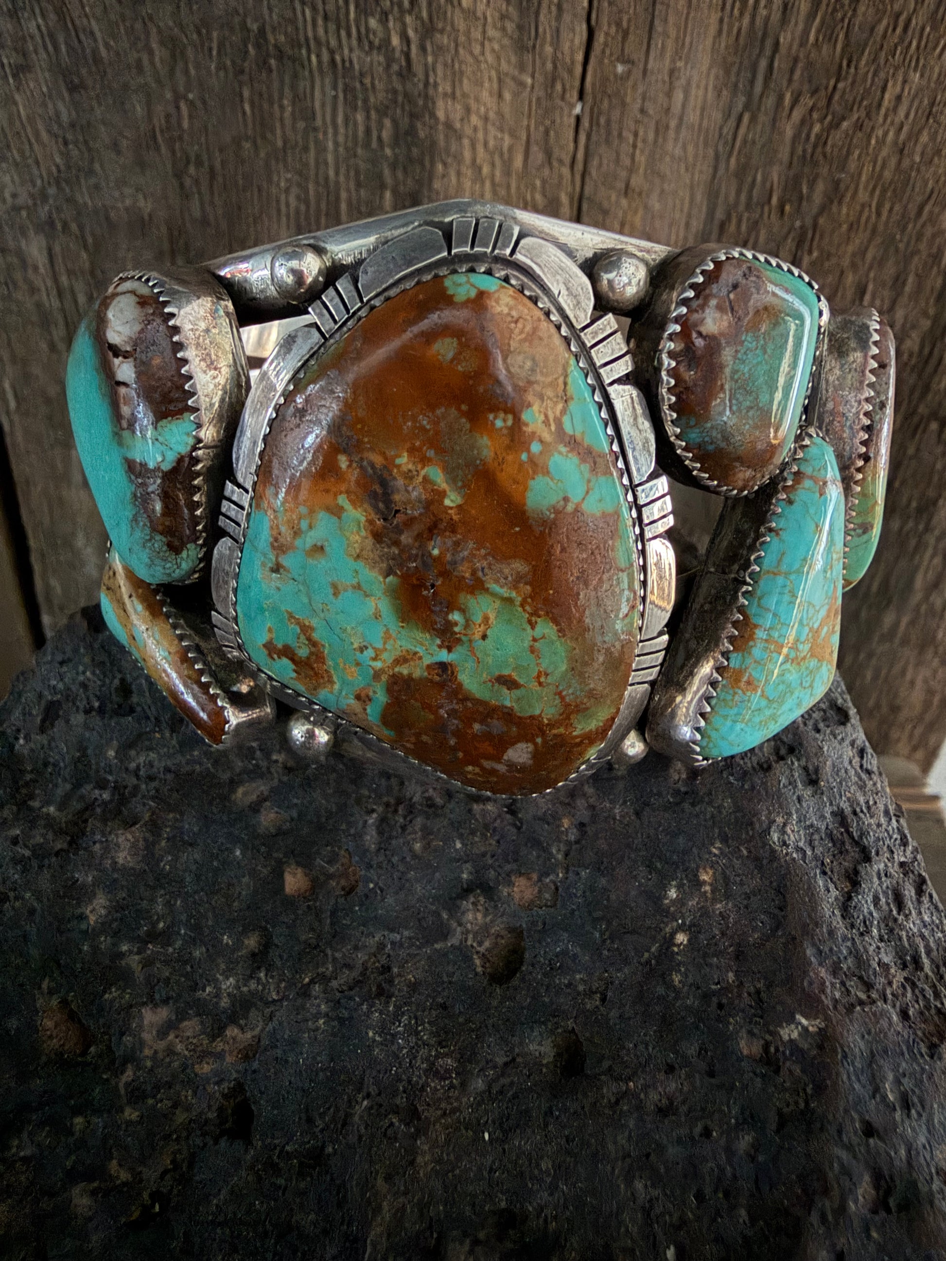 Native American Marcus Chavez Handmade Multi Stone Royston Turquoise -Sterling Silver Cuff