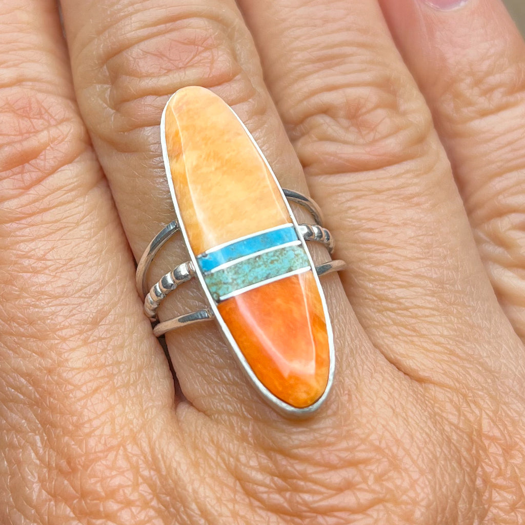Authentic Native American Handmade Sterling Silver, Spiny Oyster, and Turquoise Ring Size 8 1/4.