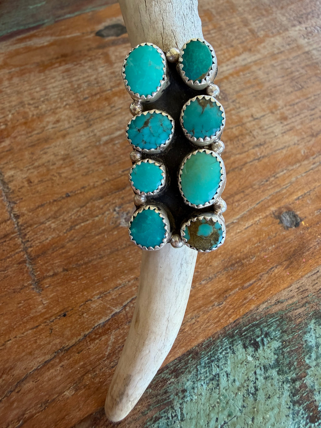 Native American Handmade 8 Stone  Cluster Turquoise-Silver Adjustable Ring