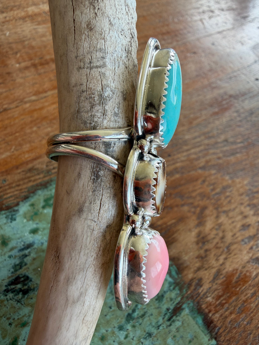 Native American Handmade Cowrie Shell-Conch-Turquoise Triple Stack Ring Size 7