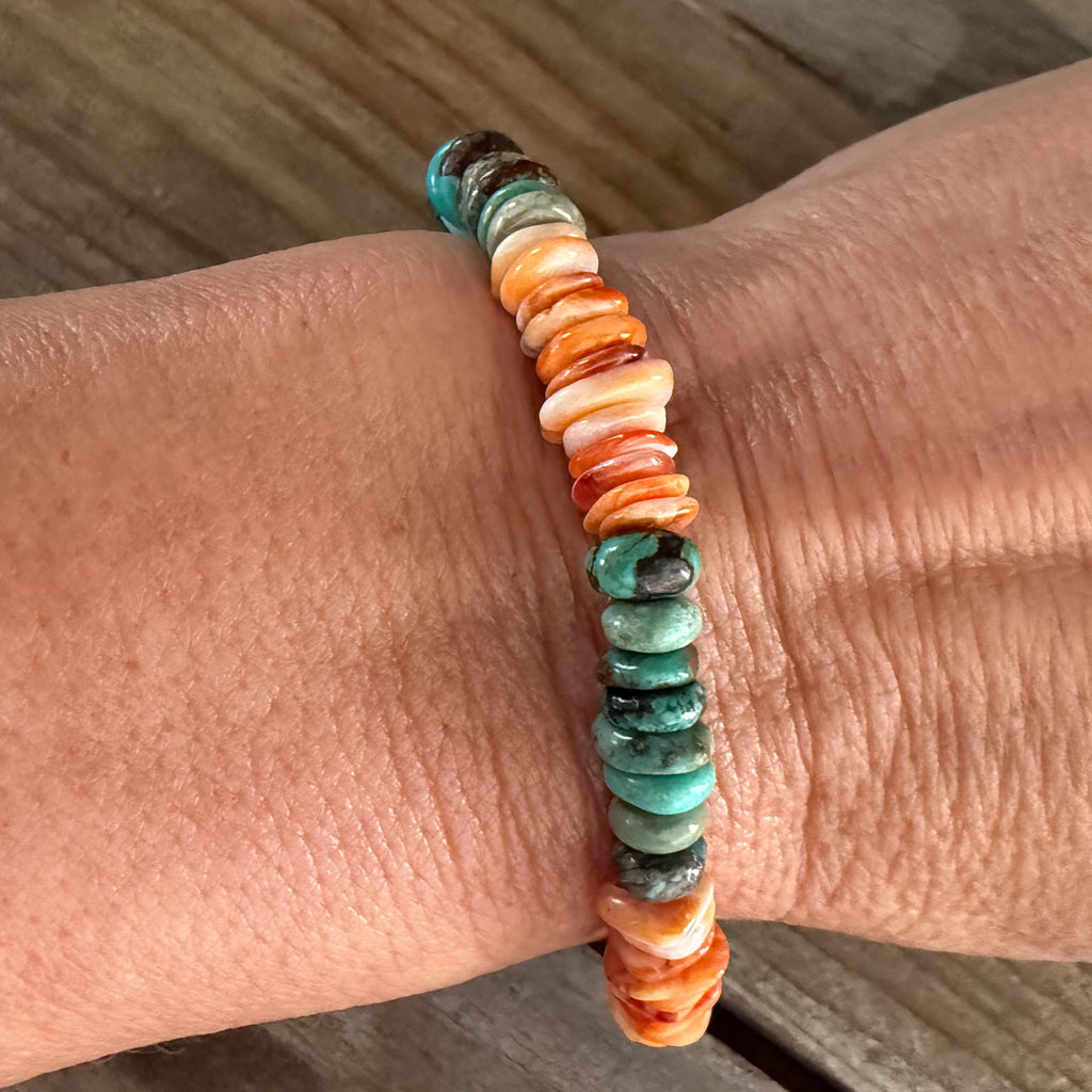 Authentic Native American Handmade Sterling Silver, Orange Spiny Oyster, and Turquoise           7 “ Bracelet.