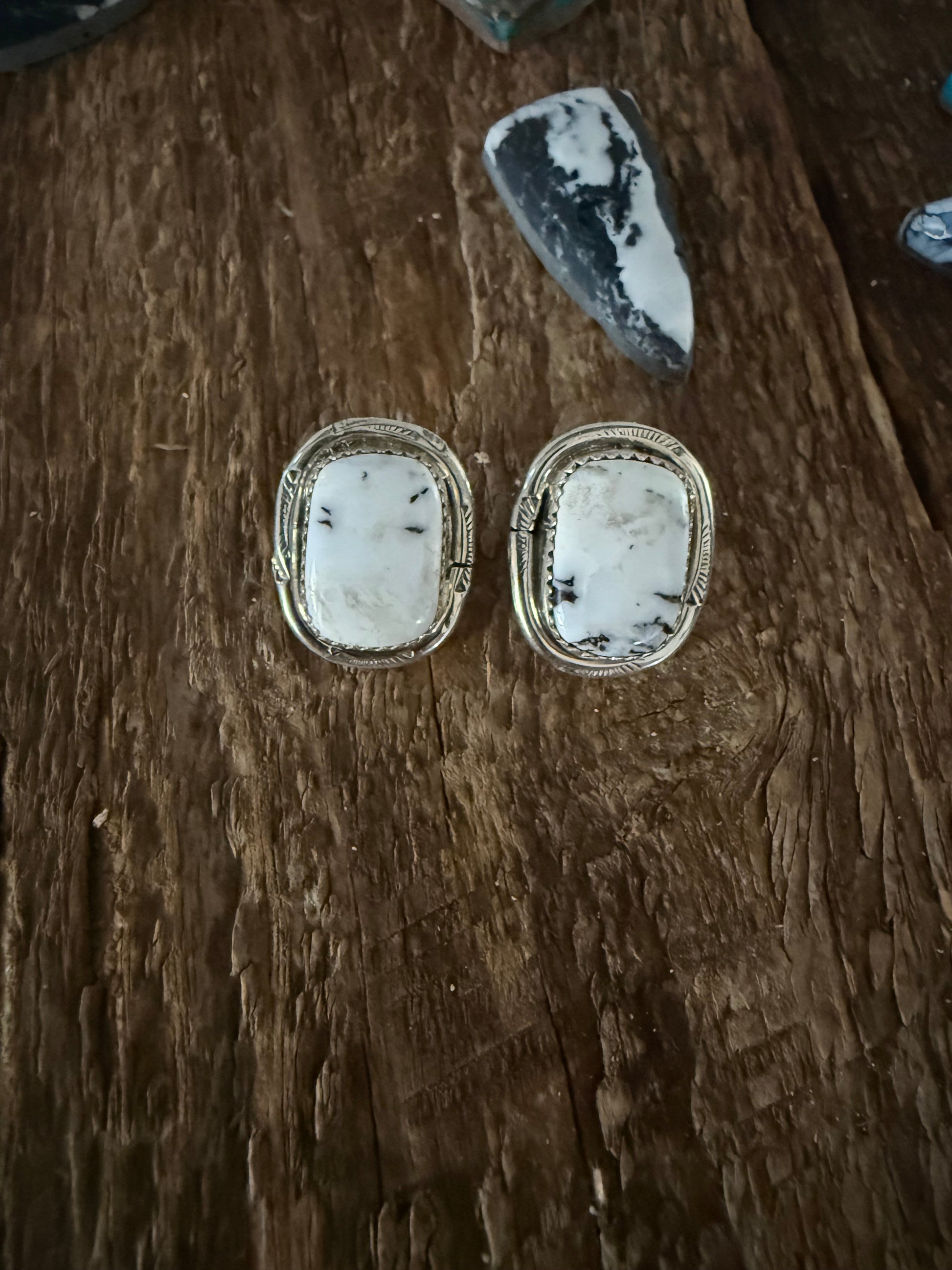 Authentic Native American Handmade Sterling Silver and White Buffalo Stud Earrings