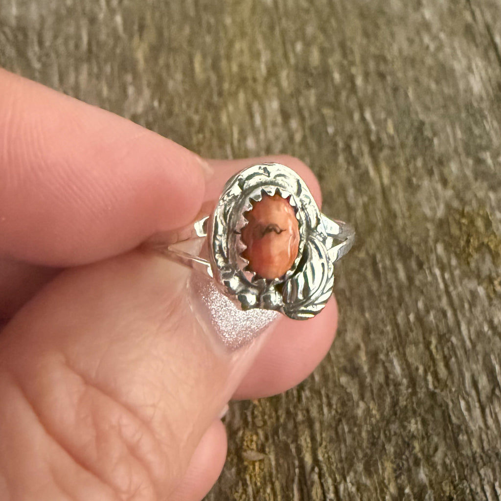Authentic Native American Handmade Sterling Silver and Orange Spiny Oyster Ring Size 7 1/2.