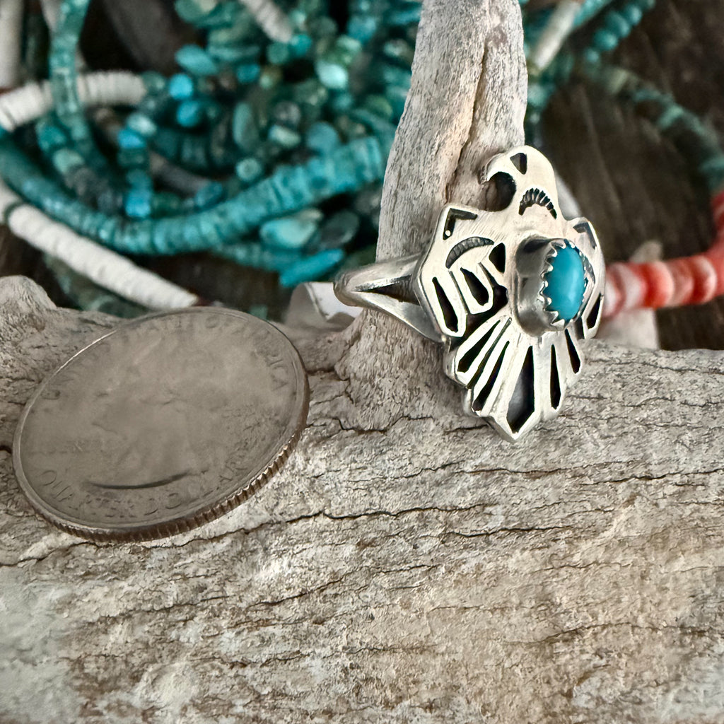 Authentic Native American Handmade Sterling Silver and Turquoise Thunderbird Ring size    5 1/2.