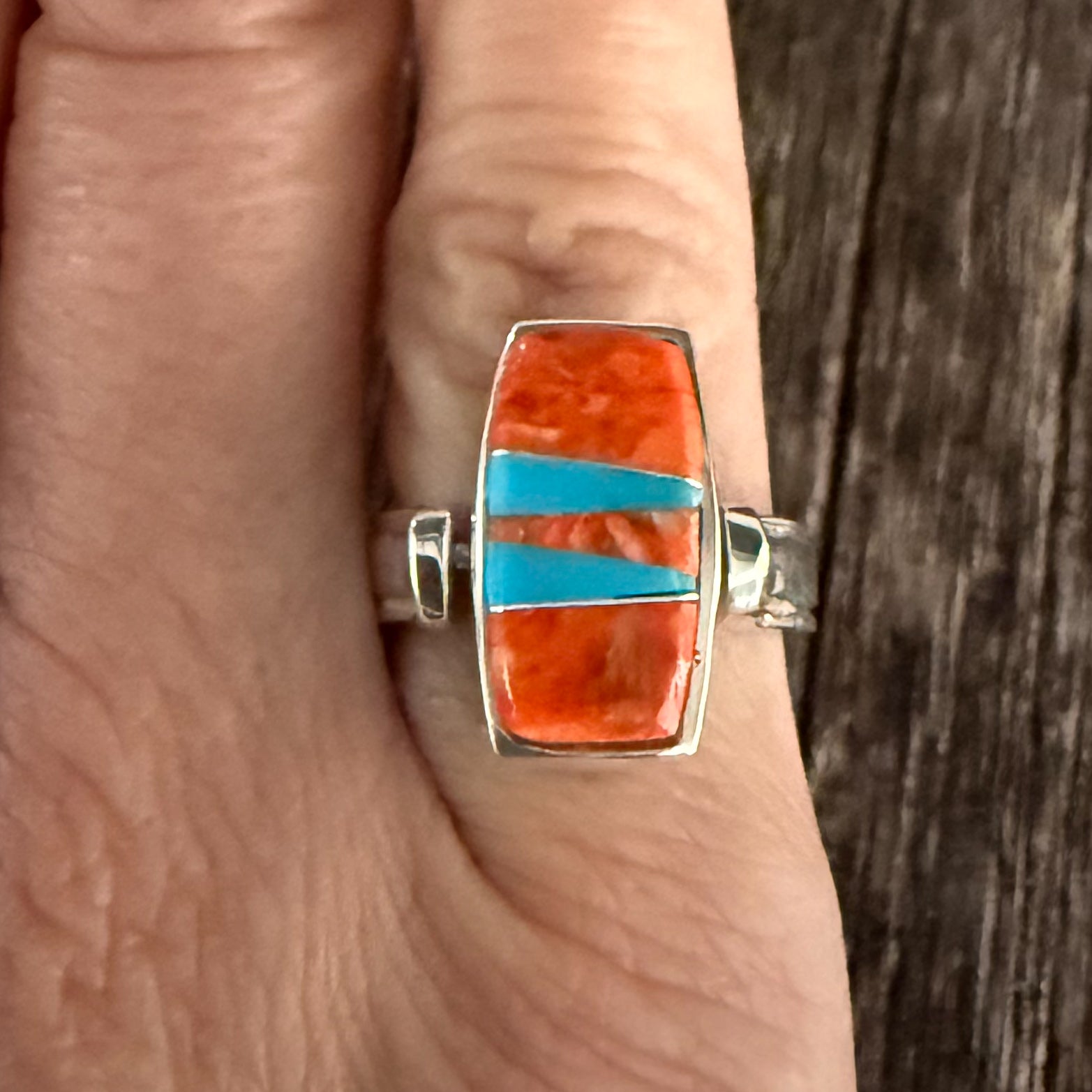 Authentic Native American Handmade by Navajo Artist Calvin Begay Sterling Silver, Turquoise and Spiny Oyster Zuni Inlay Ring Reversible size 5.