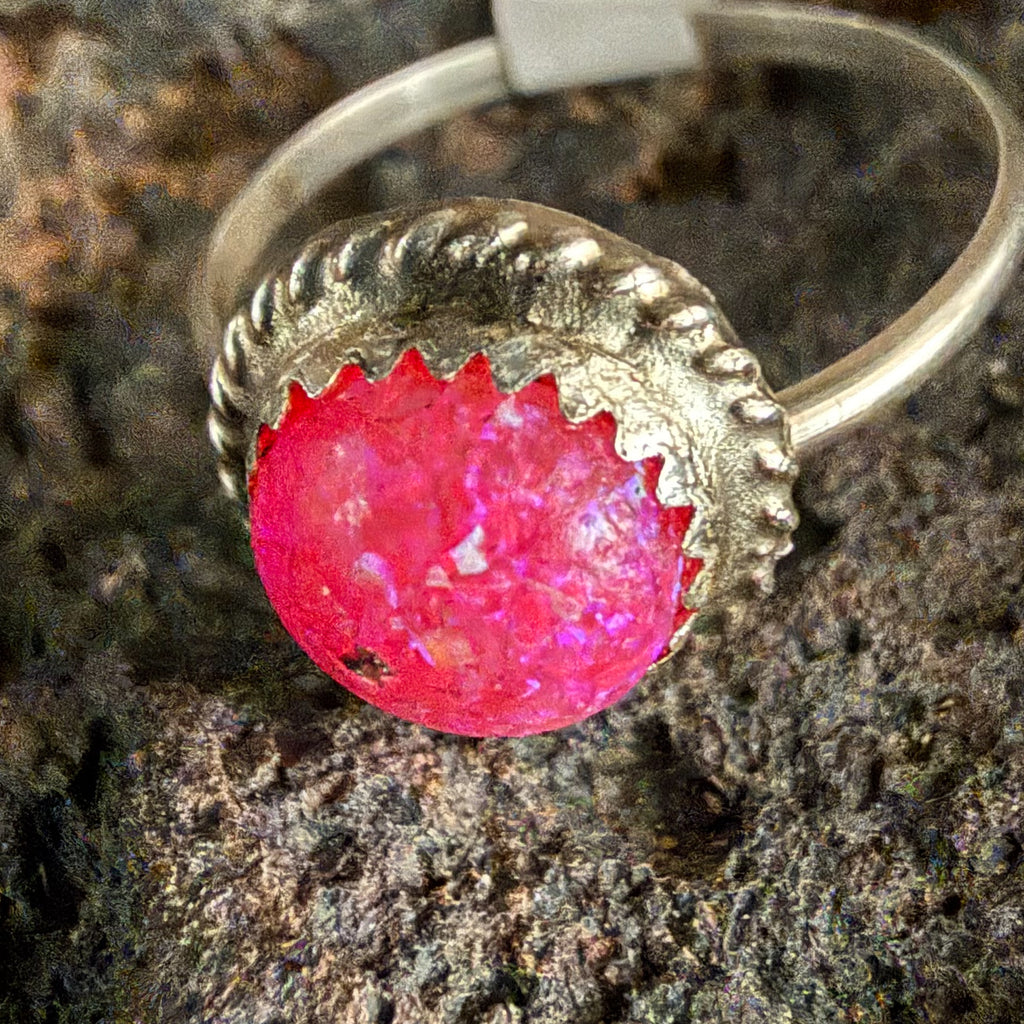 Authentic Native American Handmade Sterling Silver and Hot Pink Opal Ring size 8 1/4.