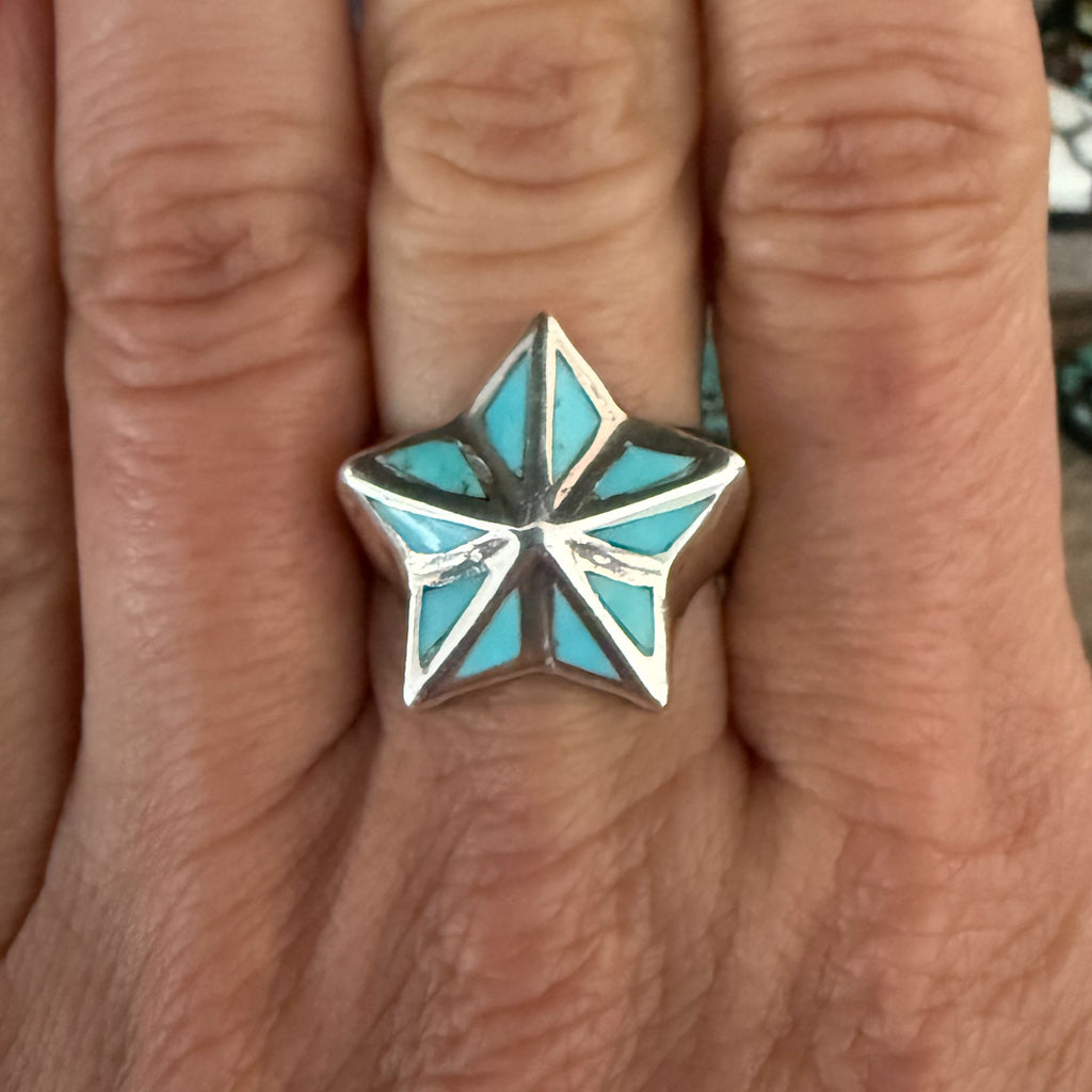 Authentic Native American Handmade Sterling Silver and Turquoise Inlay Star Ring size 9.