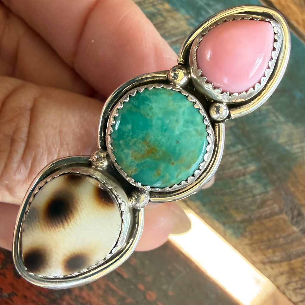 Authentic Native American Handmade Sterling Silver, Turquoise, Cowrie Shell, and Pink Conch Shell Ring size 7