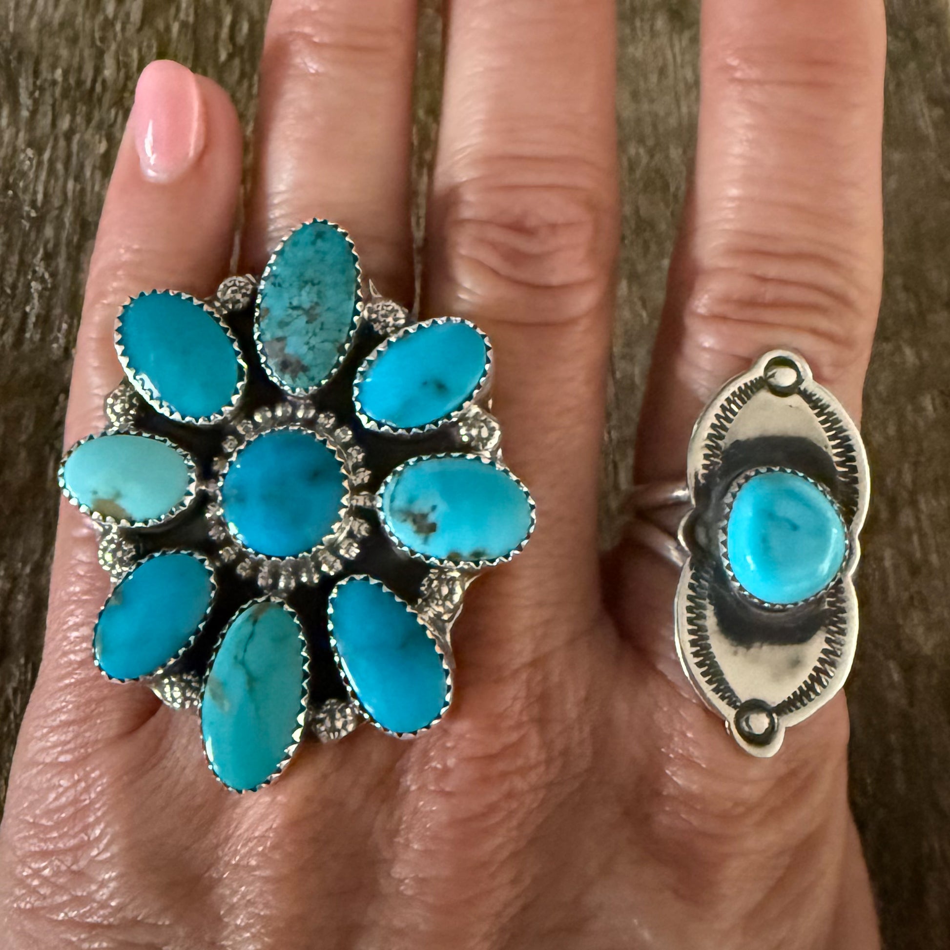 Authentic Native American Handmade Stamped Sterling Silver and Turquoise Ring Size 9.