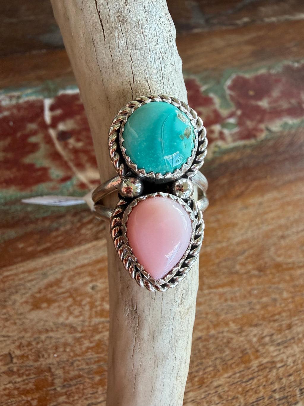 Native American Handmade Pink Conch-Turquoise Sterling Double Stack Ring