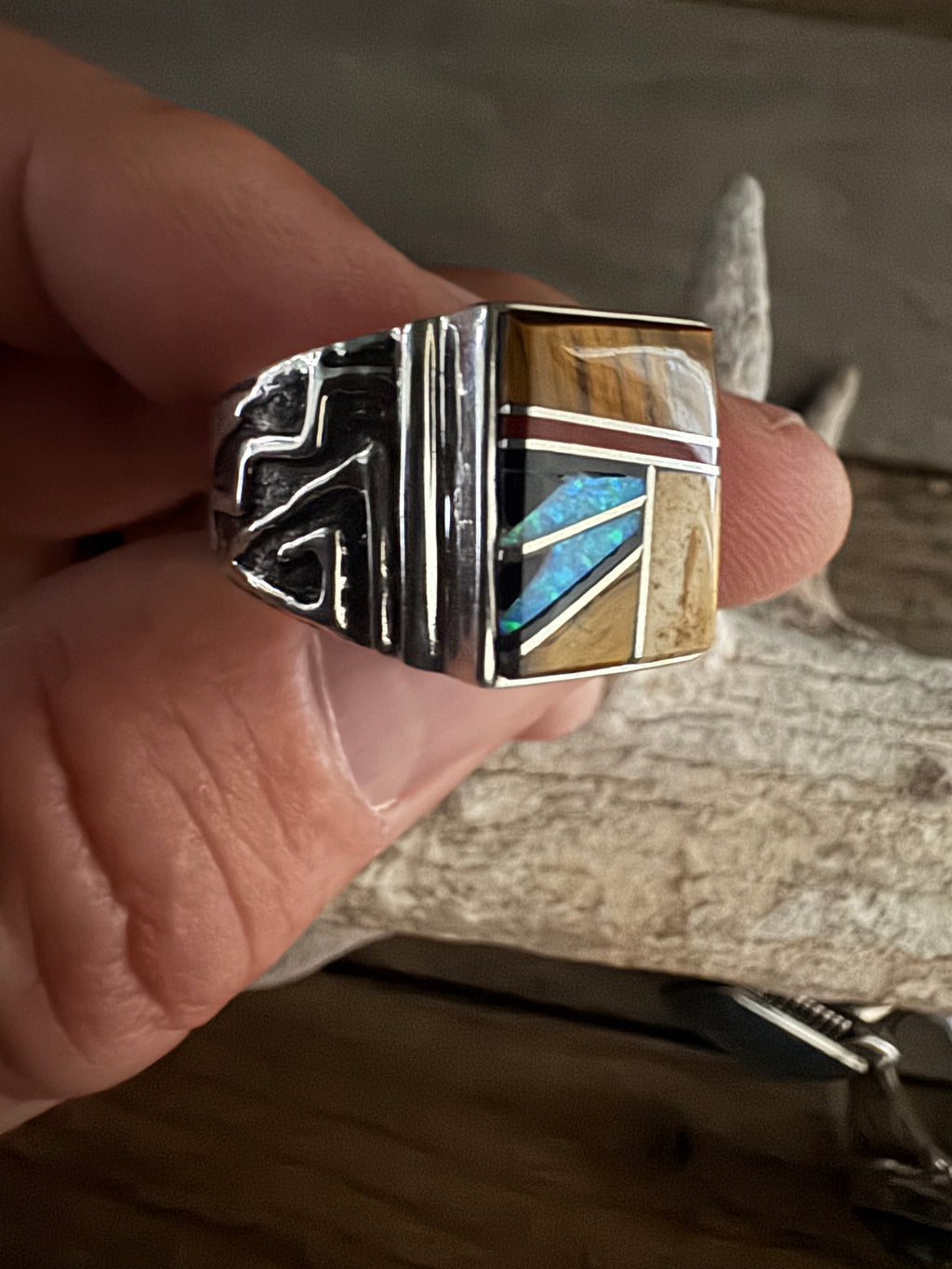 Calvin Begay Handmade Inlay Custom Ring Size 12.5