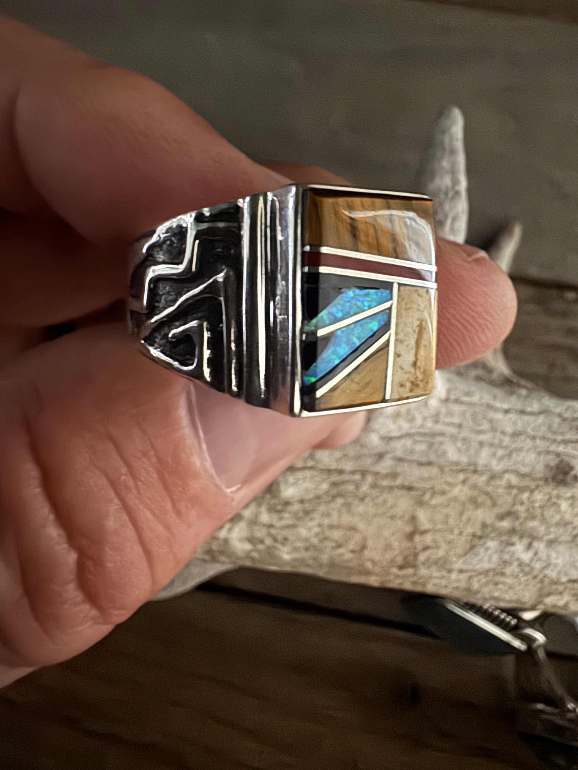 Calvin Begay Handmade Inlay Custom Ring Size 12.5
