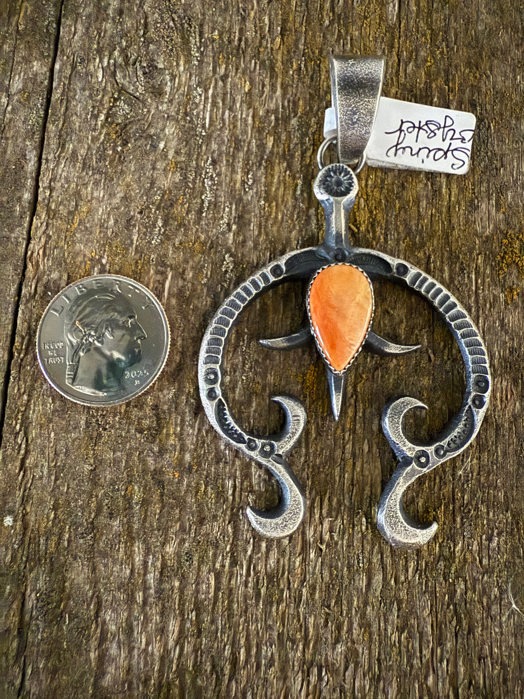 Authentic Native American Handmade StampedSterling Silver Hand Cast Spiny Oyster Nadja Pendant.