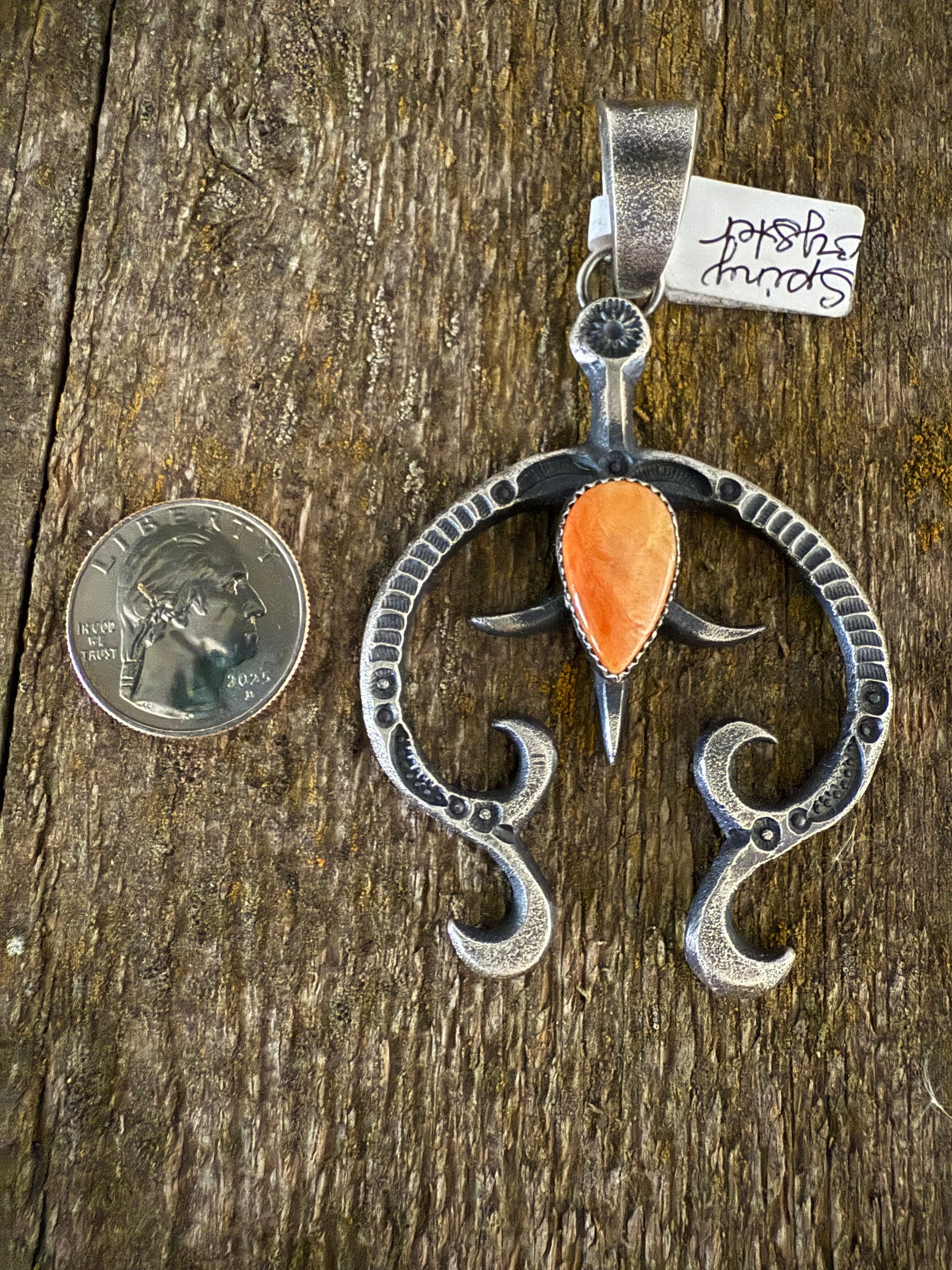 Authentic Native American Handmade StampedSterling Silver Hand Cast Spiny Oyster Nadja Pendant.