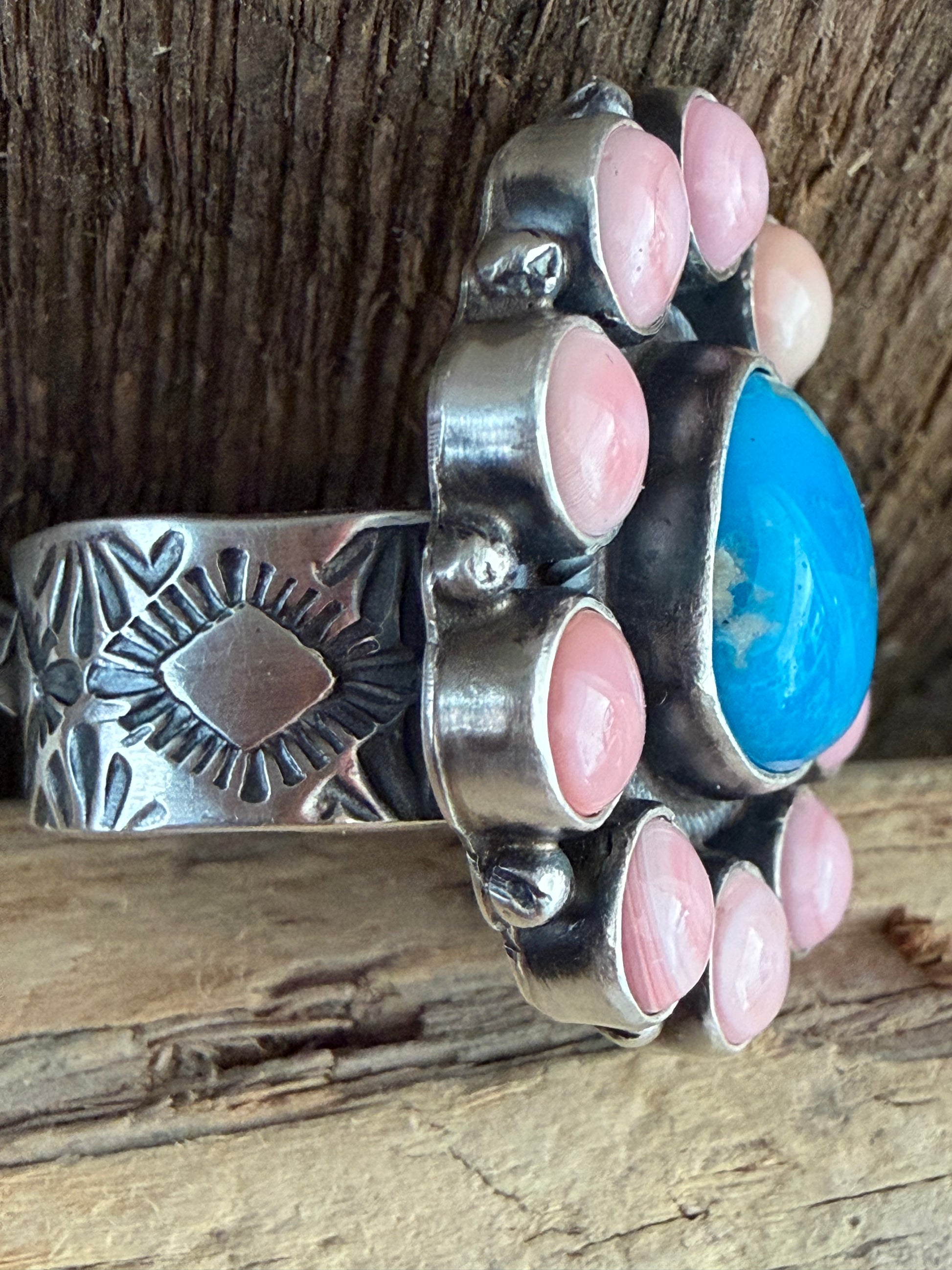 Native American Leon Martinez Handmade Pink Conch-Turquoise Cluster Adjustable Ring 🇺🇸