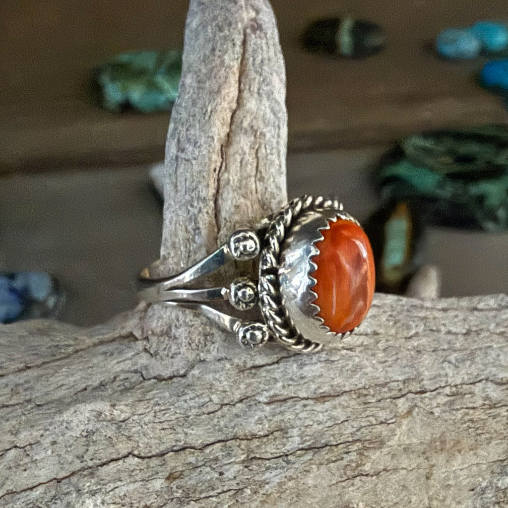 Authentic Native American Handmade Sterling Silver and Spiny Oyster Ring size 7.