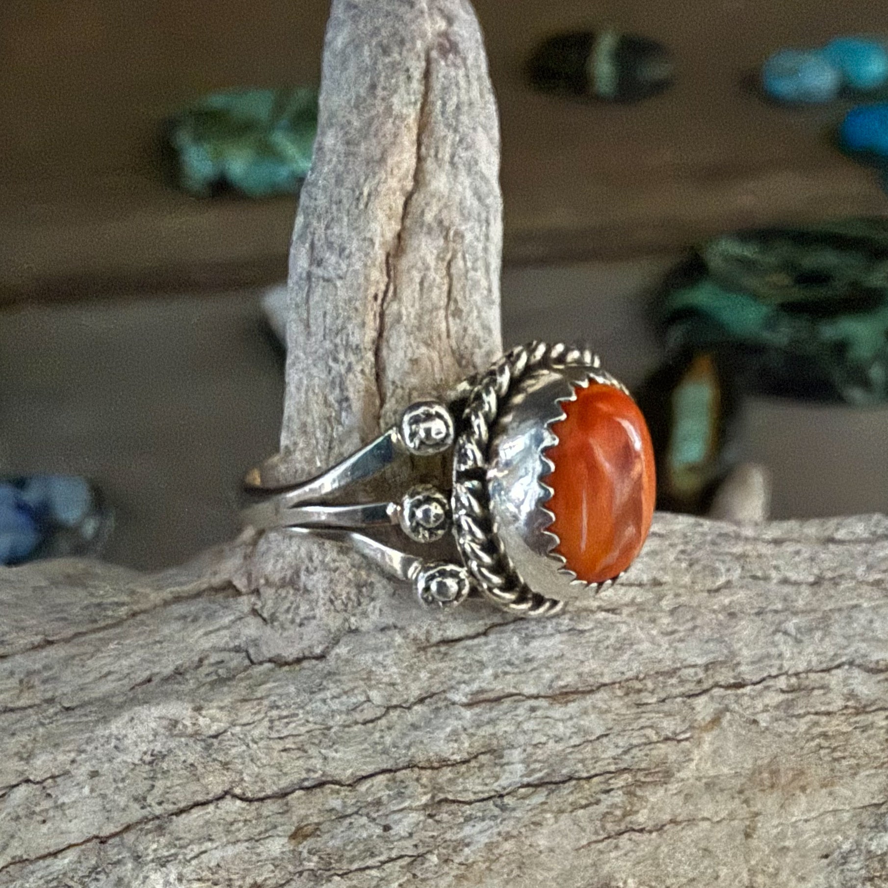 Authentic Native American Handmade Sterling Silver and Spiny Oyster Ring size 7.