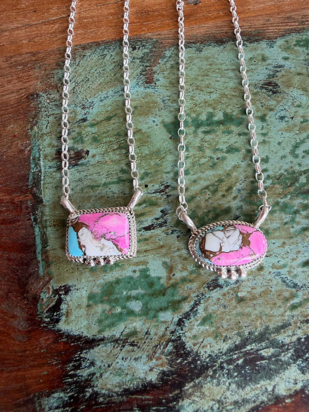 Native American Handmade Cotton Candy Pendant-Sterling Silver Necklace 18”