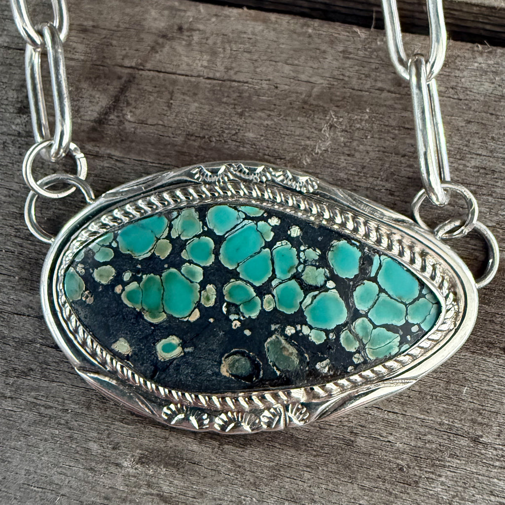 Authentic Native American Handmade Sterling Silver and Hubei Turquoise 18” Paper Clip Chain Necklace.